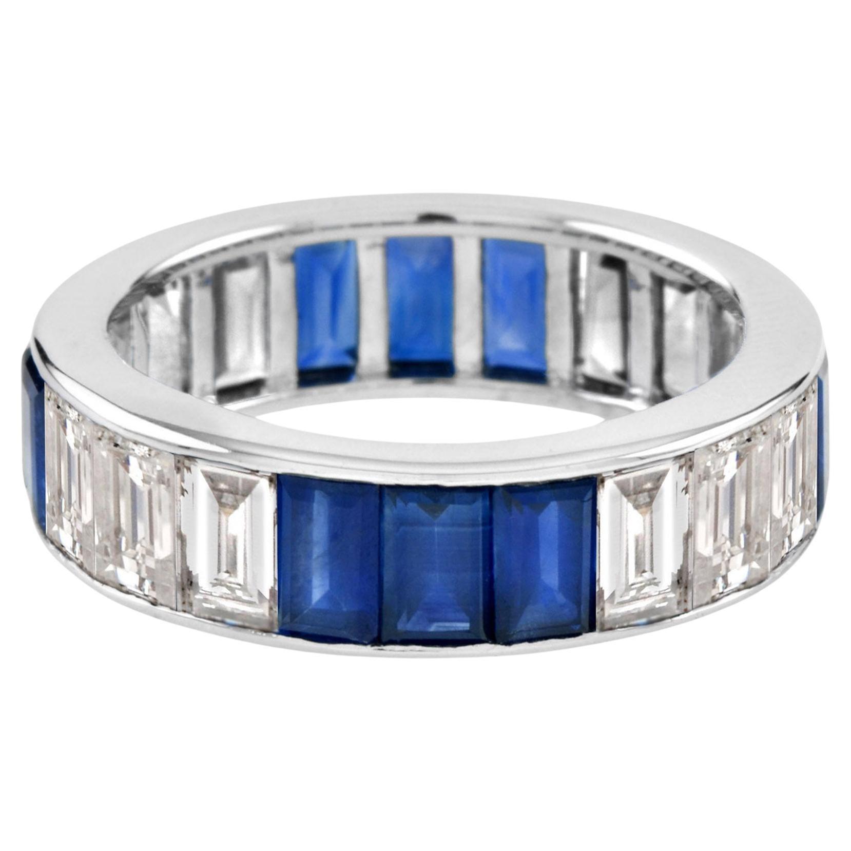 For Sale:  Seamless 3.3 Ct. Baguette Diamond and Blue Sapphire Band Ring in Platinum950