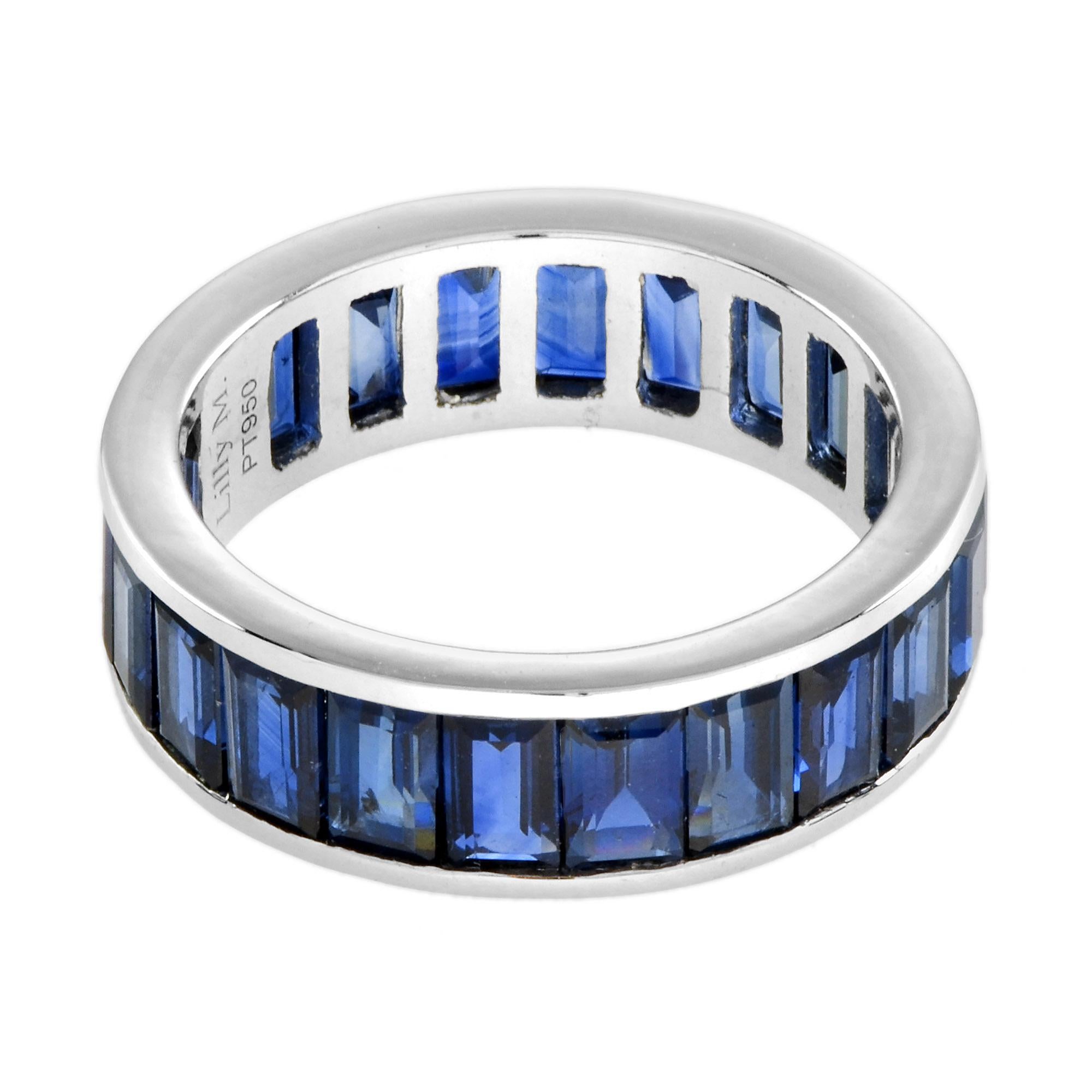 Baguette Cut Seamless Baguette Blue Sapphire Unisex Eternity Band Ring in 18K White Gold For Sale