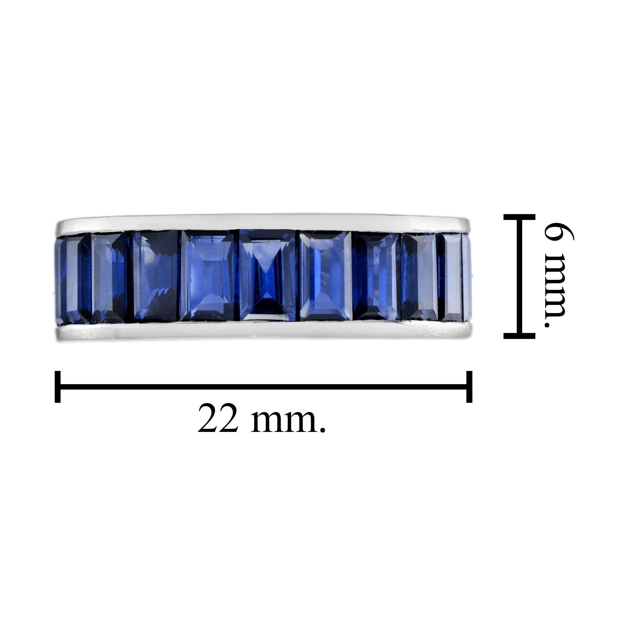Seamless Baguette Blue Sapphire Unisex Eternity Band Ring in 18K White Gold For Sale 1