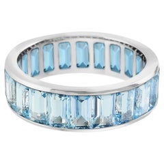 Seamless Baguette Blue Topaz Eternity Band 18K White Gold Ring