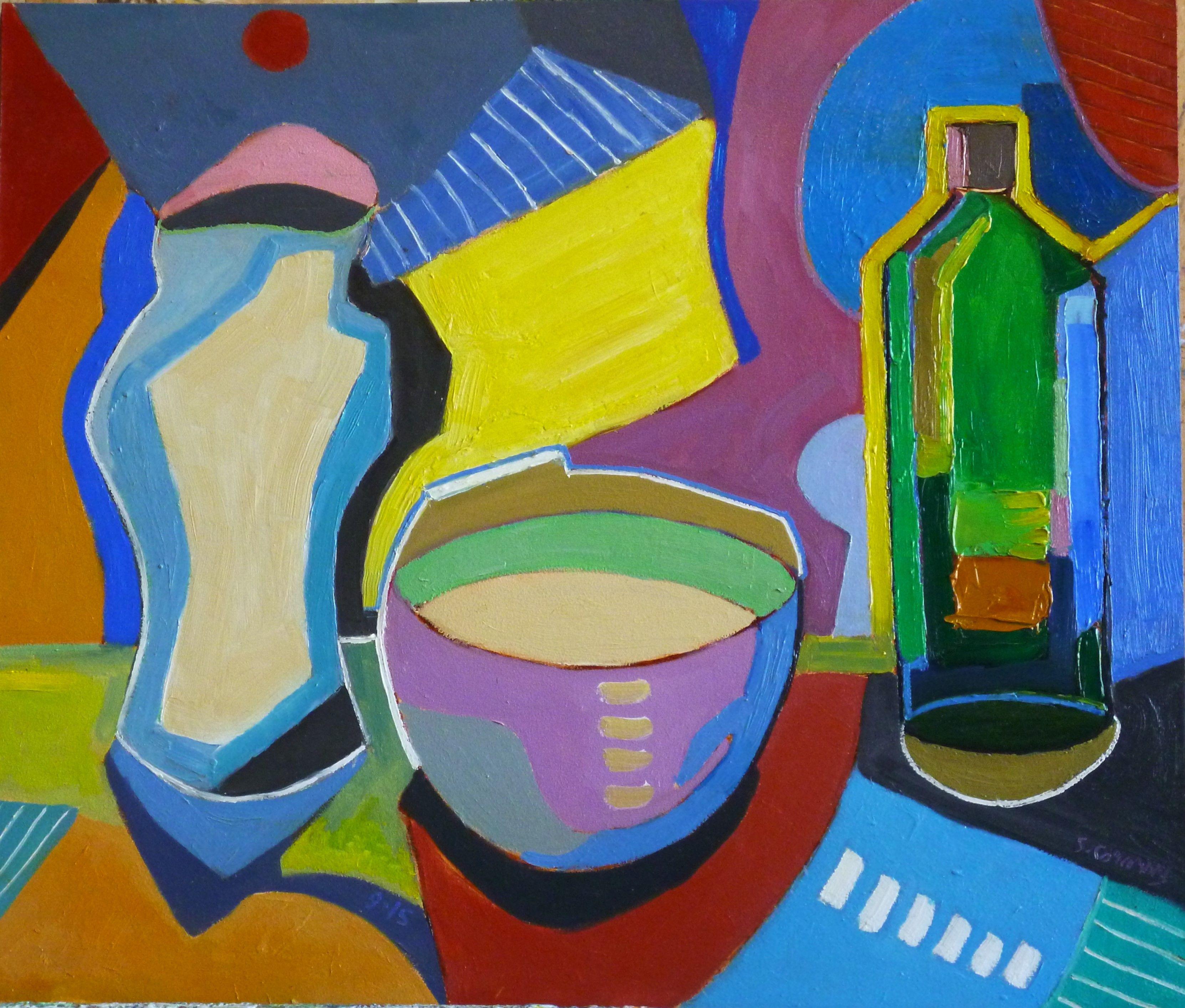 Abstract Painting di Seamus Corcoran - Natura morta con vaschetta in legno, Pittura, Olio su tela
