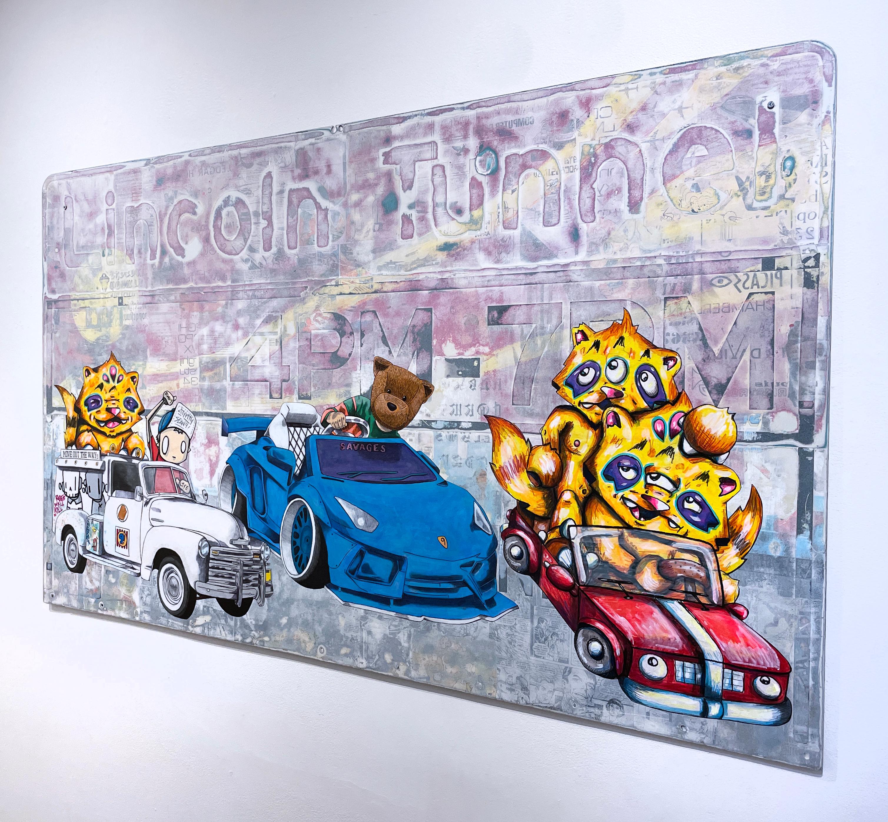 2 Fast 2 Furious, 2023, graffiti, urban, street art, mixed media on street sign - Street Art Painting by Sean 9 Lugo