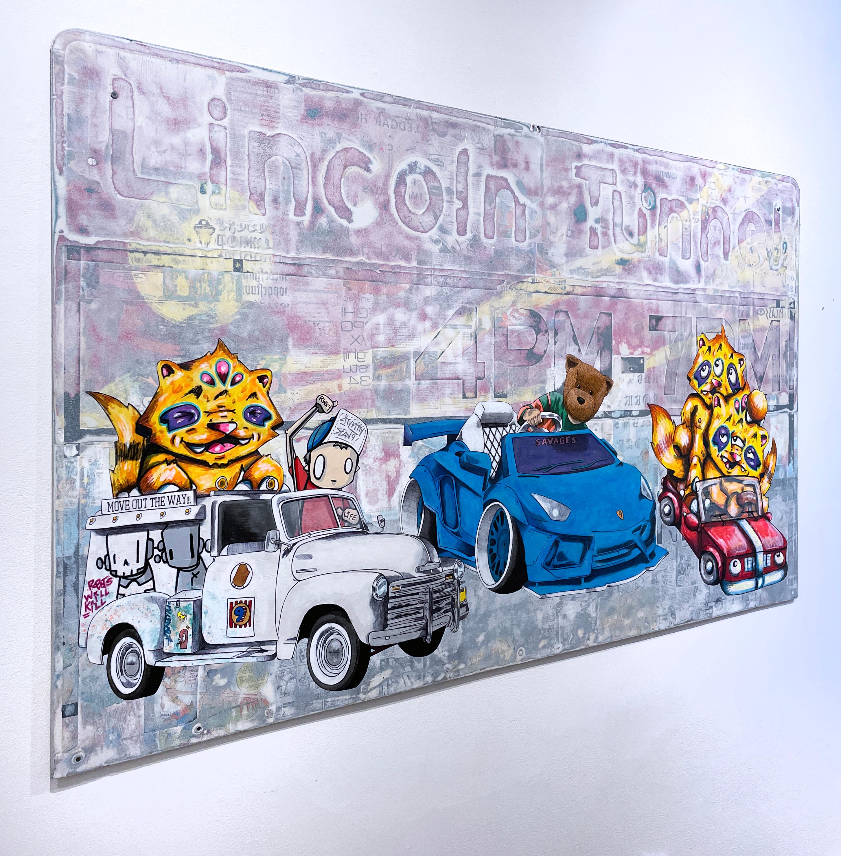 2 Fast 2 Furious, 2023, graffiti, urban, street art, mixed media on street sign - Gray Animal Painting by Sean 9 Lugo