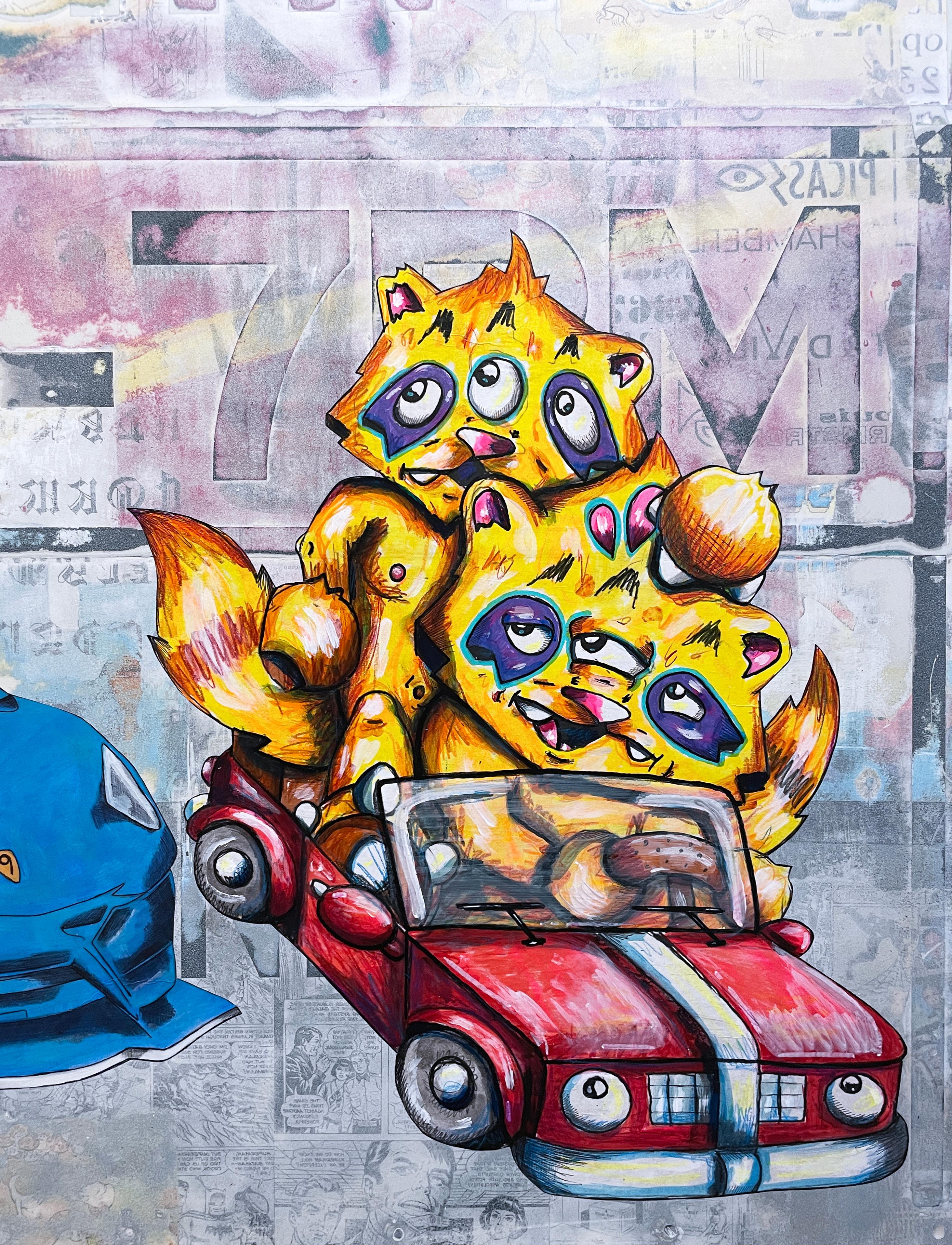 2 Fast 2 Furious (2023) collaborative piece by east coast street artists Sean 9 Lugo, Chris RWK and City Kitty

Ink, acrylic and marker on paper and mixed media on reclaimed vintage metal Lincoln Tunnel street sign