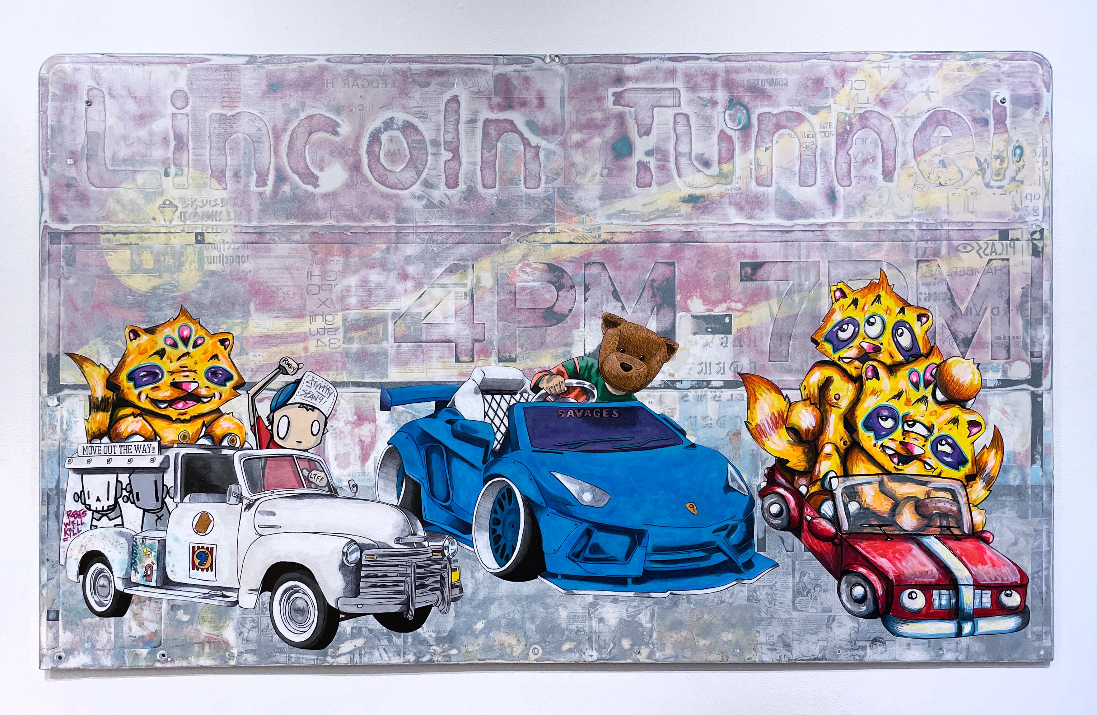 2 Fast 2 Furious, 2023, graffiti, urban, street art, mixed media on street sign - Painting by Sean 9 Lugo