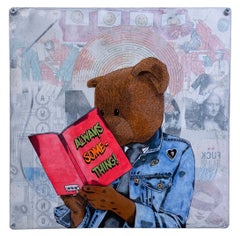 Always Something, 2023, graffiti mixed media street sign, reading portrait, bear