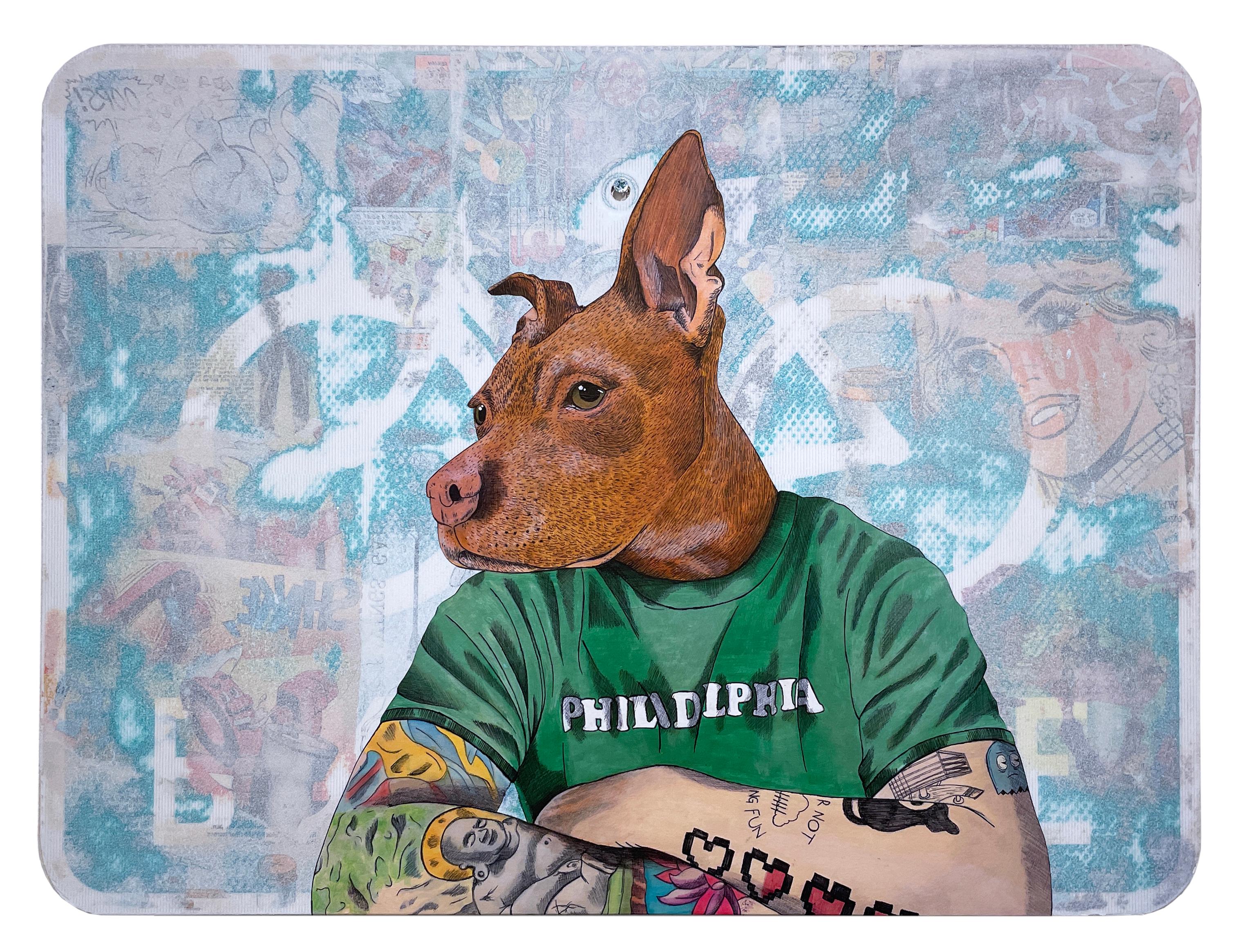 Brodie the Don, 2023, graffiti, urban art mixed media street sign, dog, pit bull