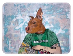 Brodie the Don, 2023, graffiti, urban art mixed media street sign, dog, pit bull