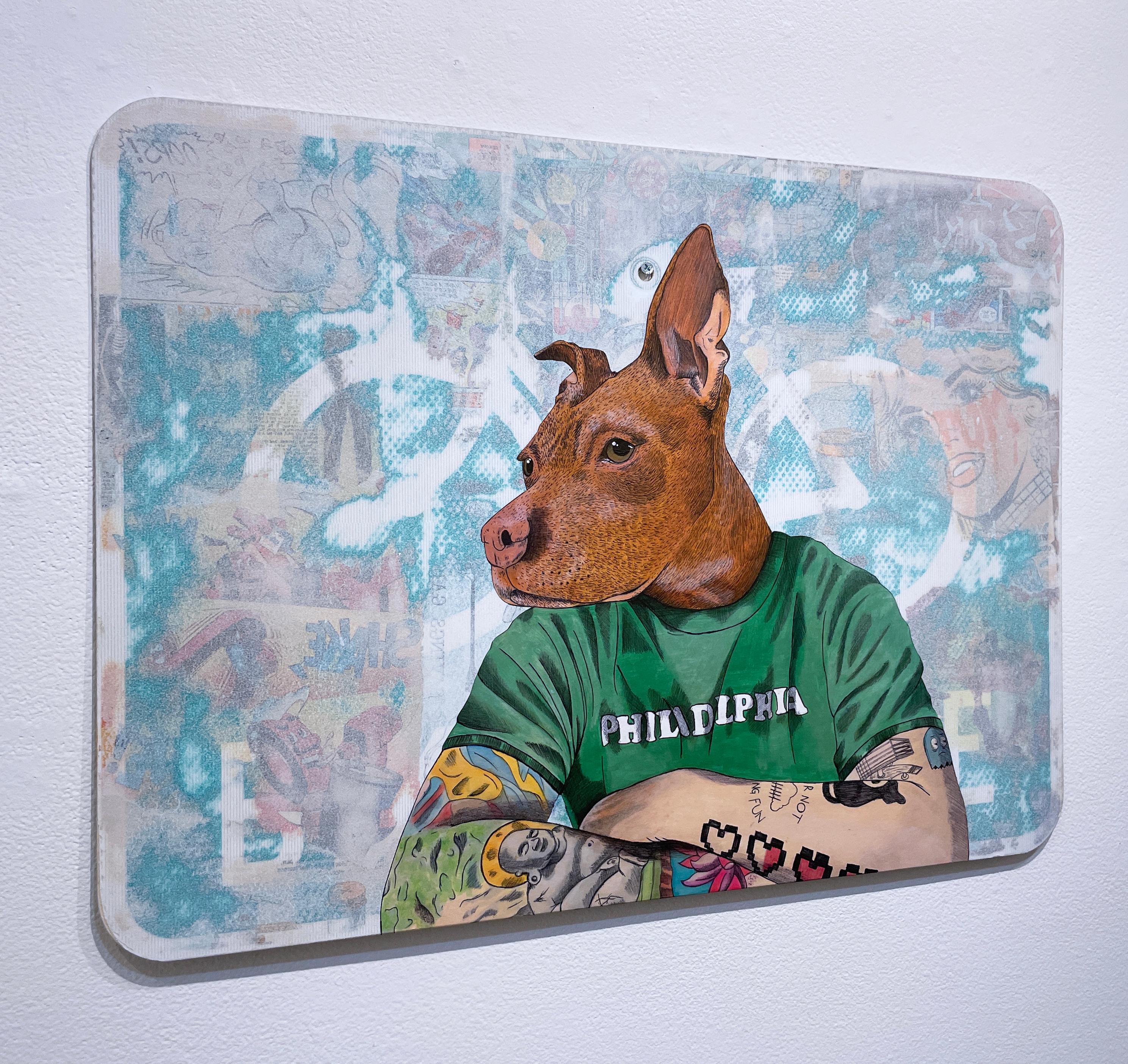 Brodie the Don, 2023, Graffiti, urbane Kunst, Straßenschild in Mischtechnik, Hund, Pit Bull (Streetart), Painting, von Sean 9 Lugo