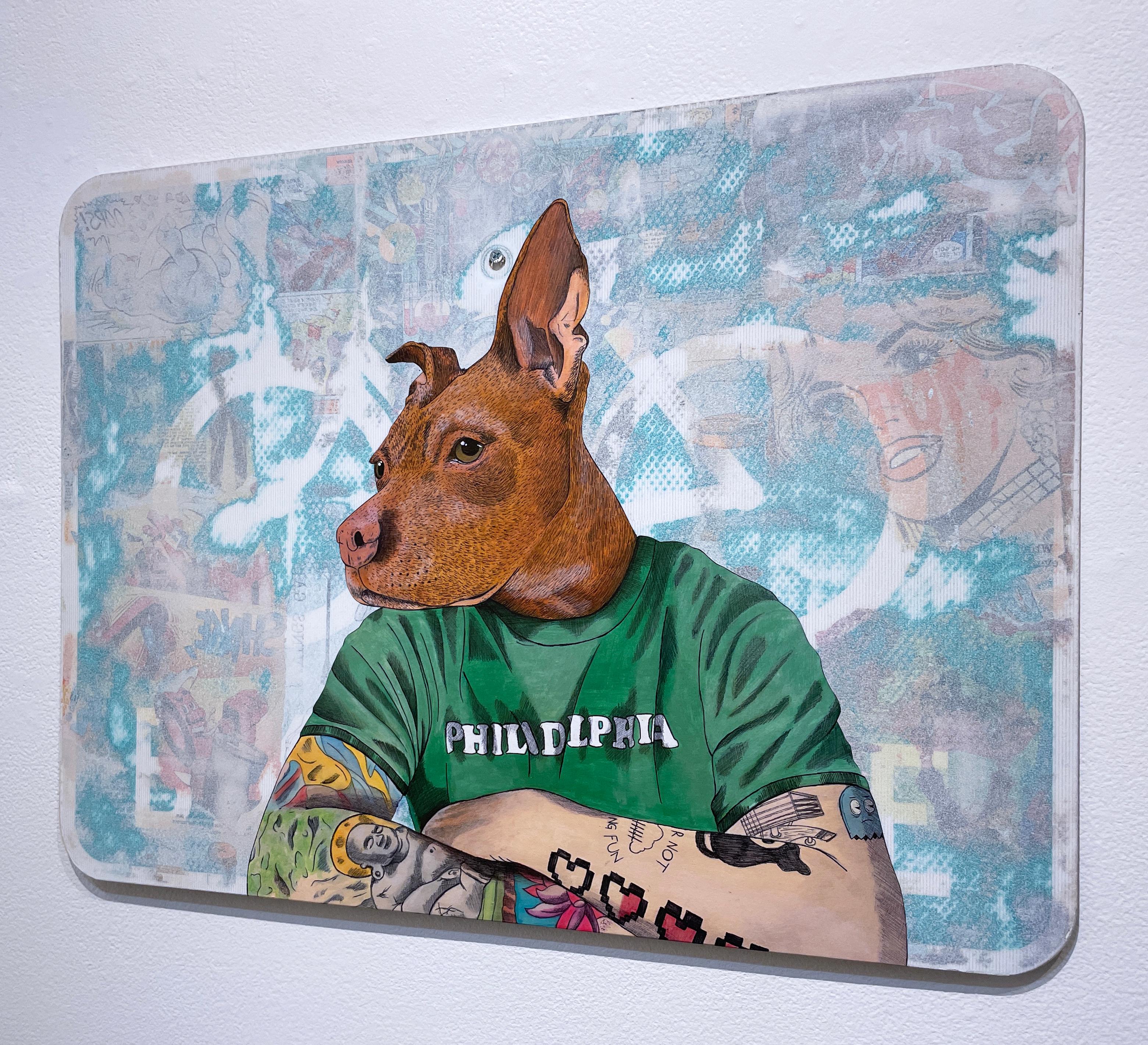 Brodie the Don, 2023, Graffiti, urbane Kunst, Straßenschild in Mischtechnik, Hund, Pit Bull (Grau), Animal Painting, von Sean 9 Lugo