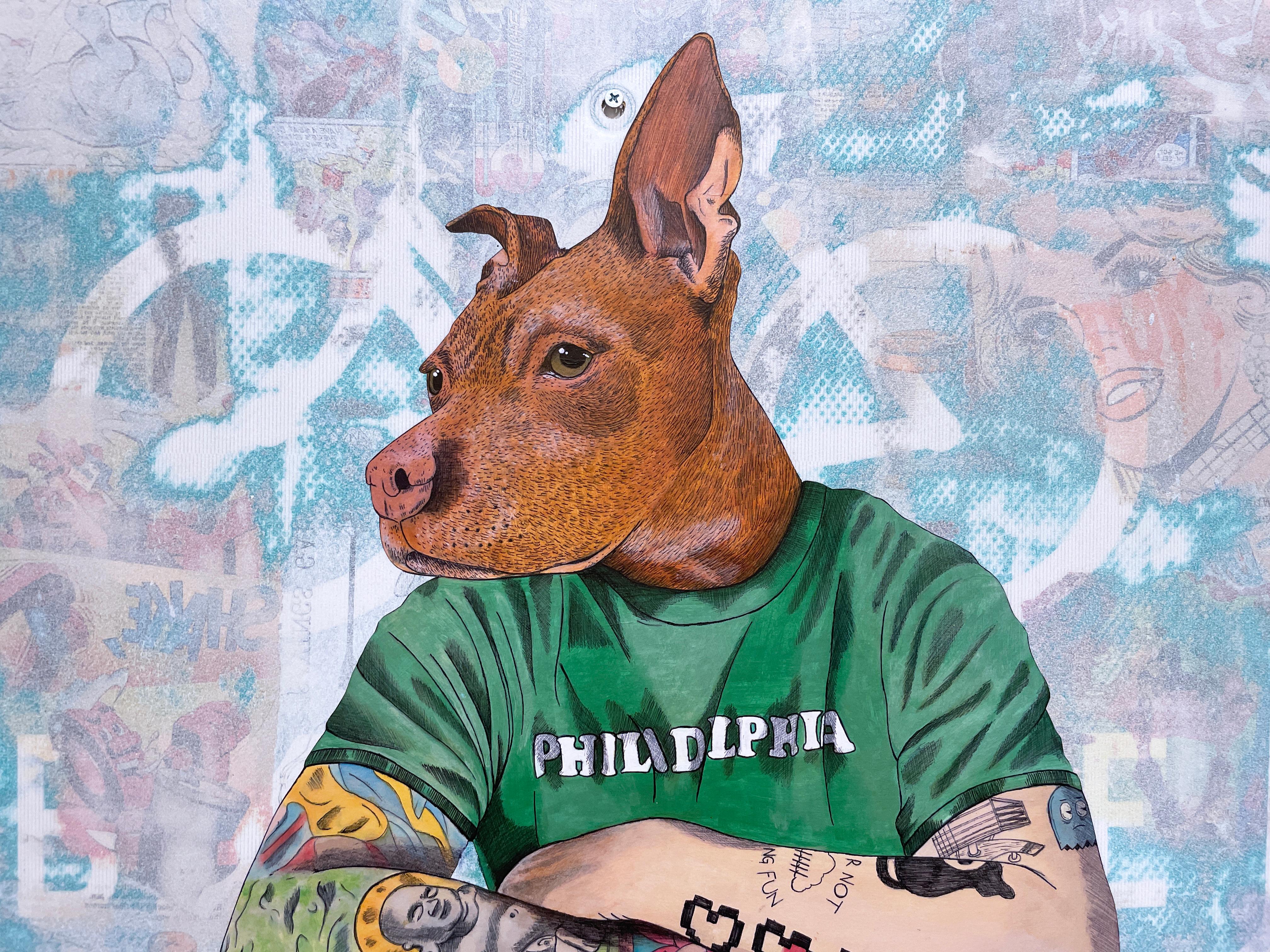 Brodie the Don (2023) des Straßenkünstlers Sean 9 Lugo von der Ostküste

Tusche, Acryl und Marker auf Papier und Mischtechnik auf einem alten Metallschild 