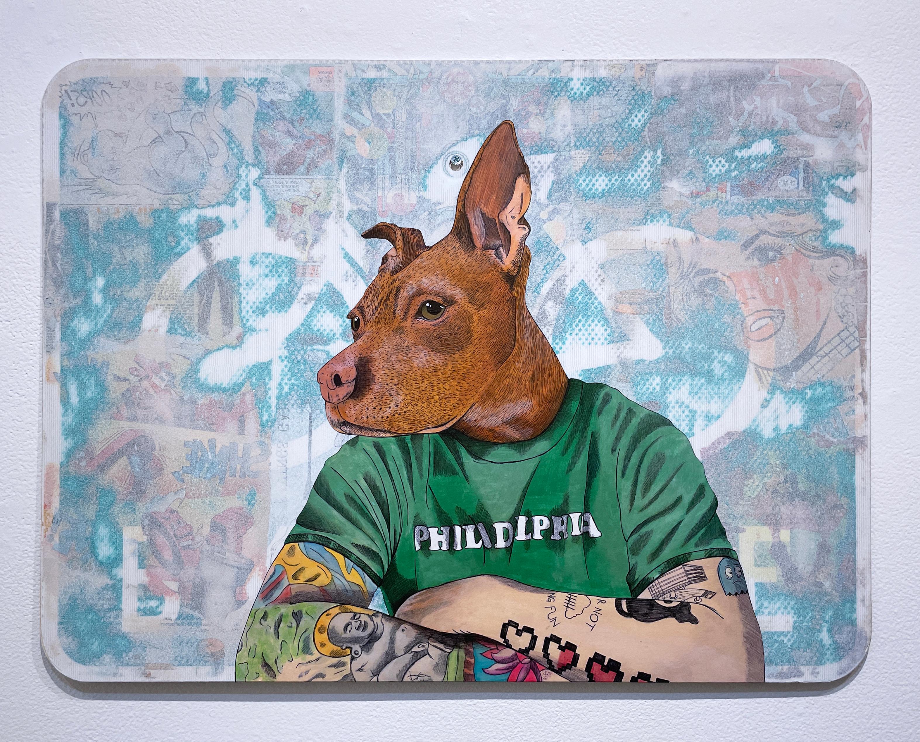 Brodie the Don, 2023, graffiti, urban art mixed media street sign, dog, pit bull - Painting by Sean 9 Lugo