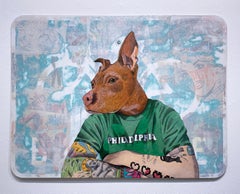 Brodie the Don, 2023, graffiti, urban art mixed media street sign, dog, pit bull