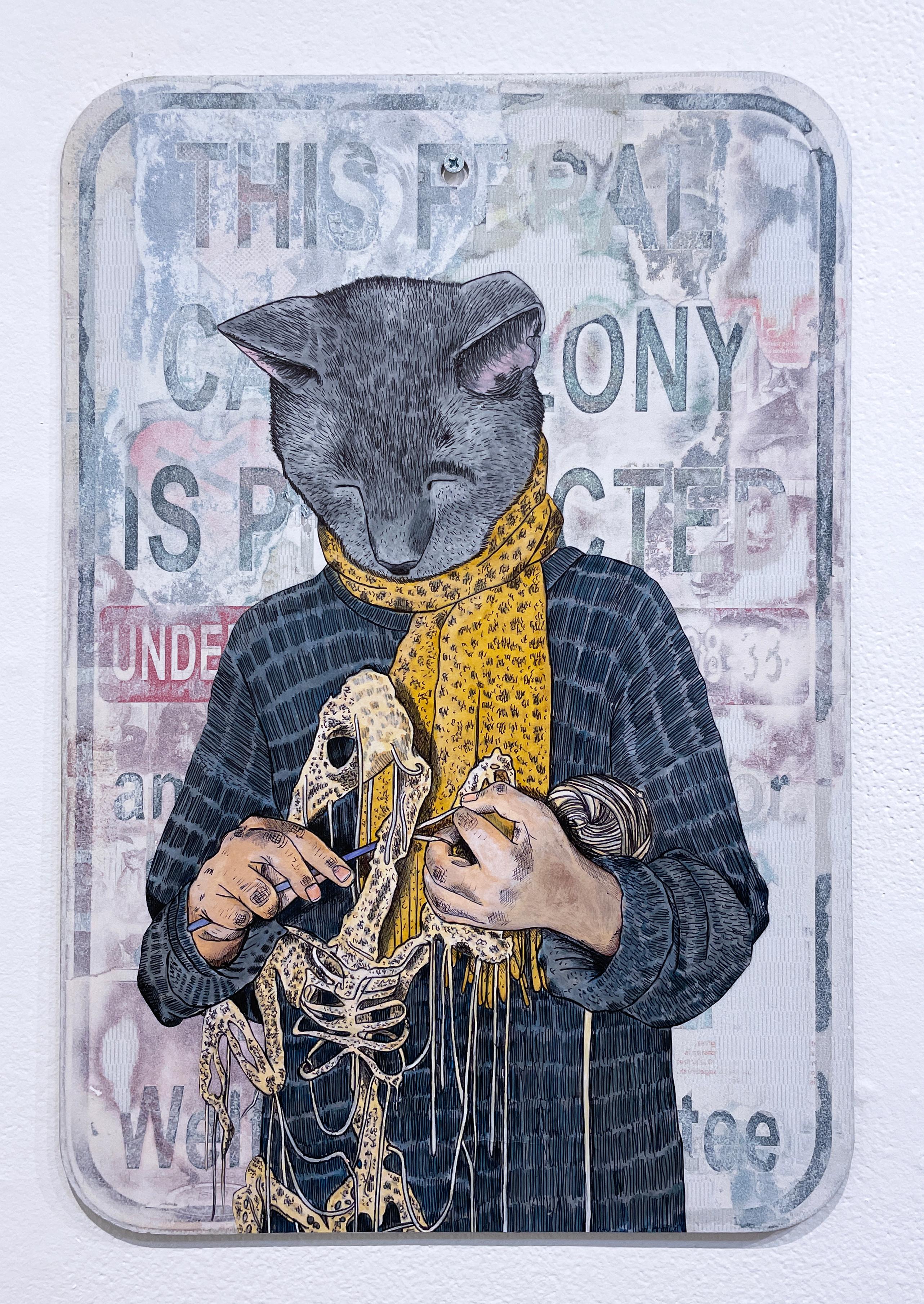 Cat Colony, 2023, graffiti mixed media street sign, knitting cat portrait - Painting by Sean 9 Lugo