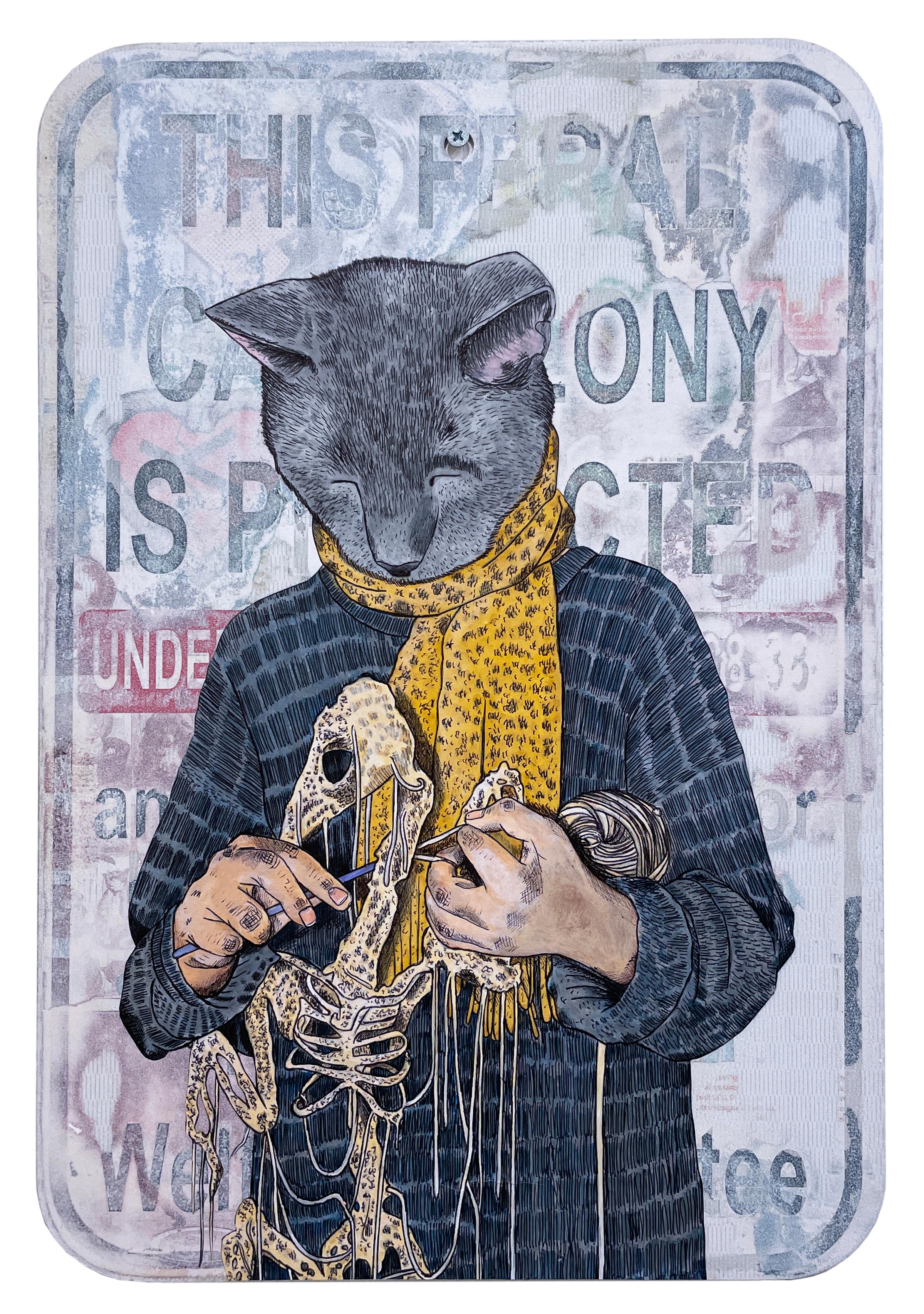 Sean 9 Lugo Figurative Painting - Cat Colony, 2023, graffiti mixed media street sign, knitting cat portrait