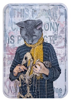 Cat Colony, 2023, graffiti mixed media street sign, knitting cat portrait