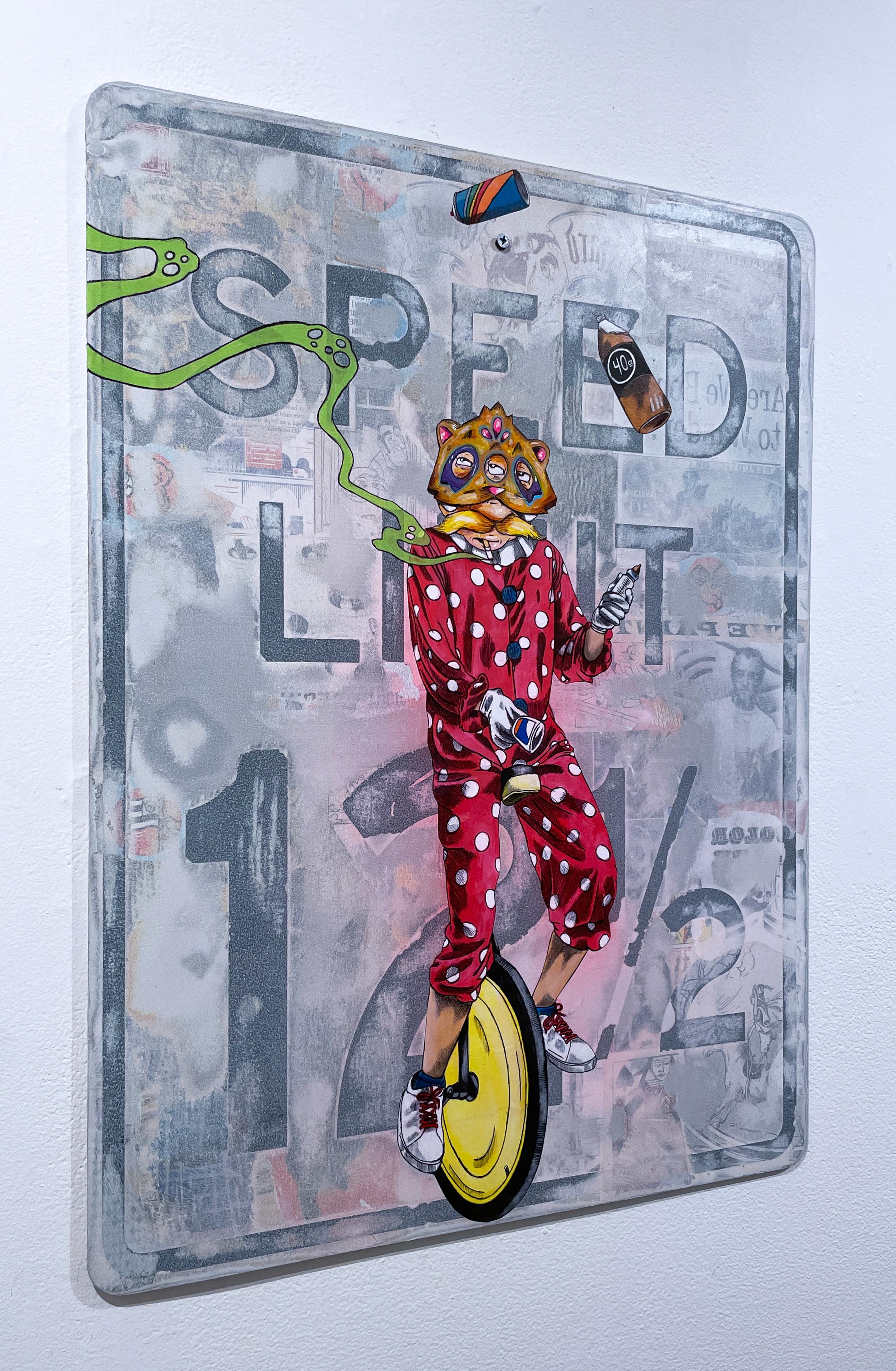 Clowning Around, 2023, graffiti, urban street mixed media street sign City Kitty - Painting by Sean 9 Lugo