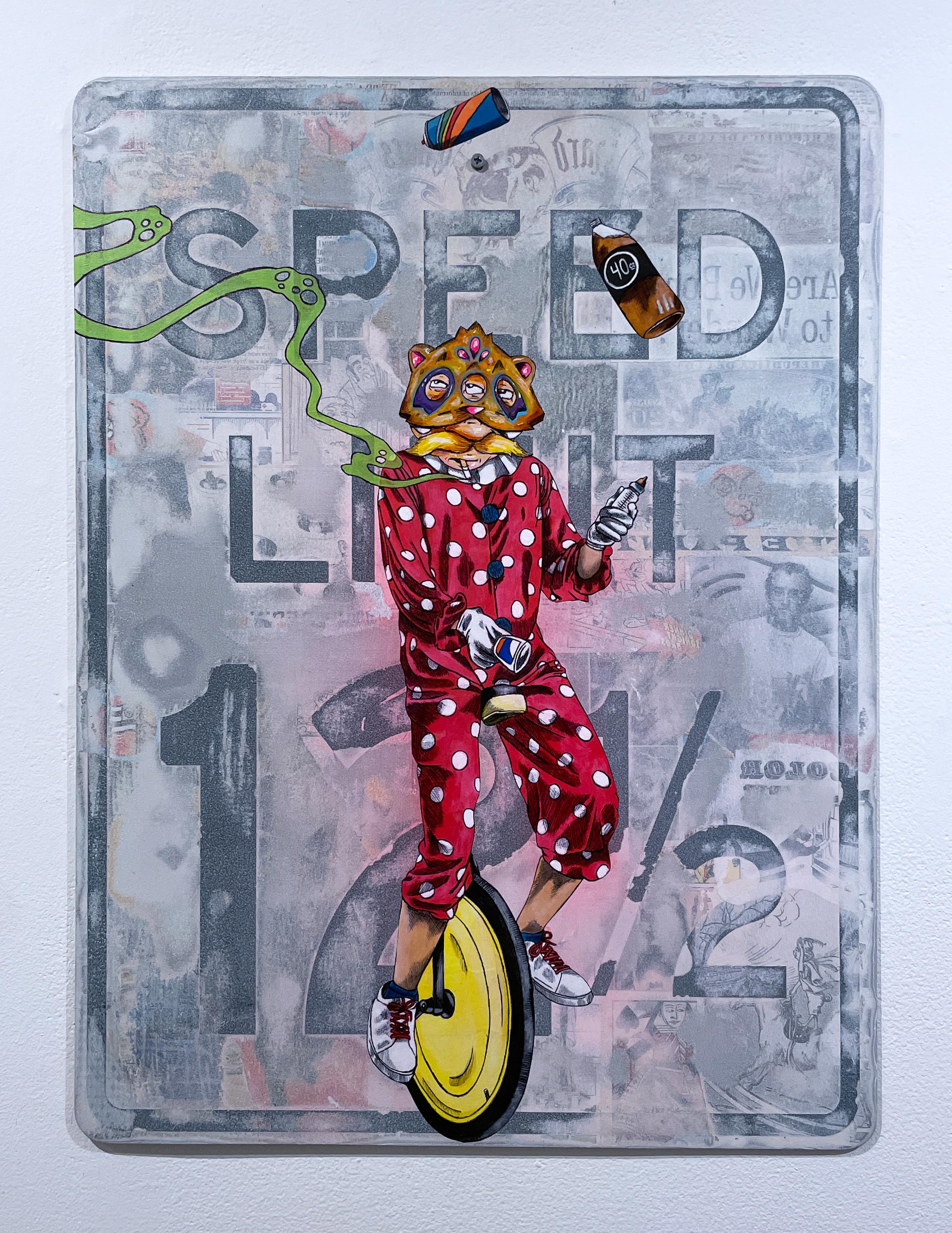 Clowning Around, 2023, graffiti, urban street mixed media street sign City Kitty - Street Art Painting by Sean 9 Lugo