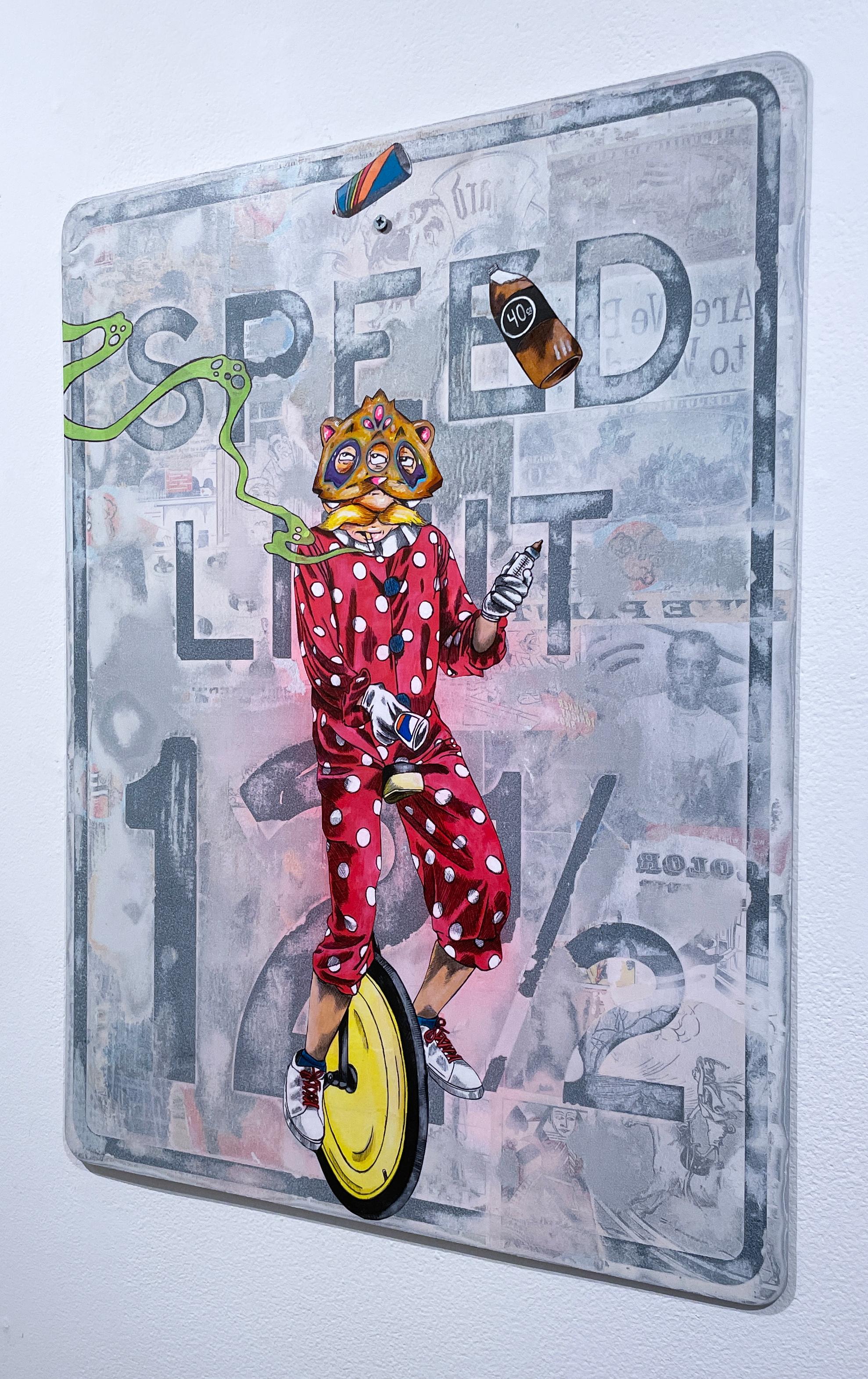 Clowning Around, 2023, graffiti, urban street mixed media street sign City Kitty - Gray Figurative Painting by Sean 9 Lugo