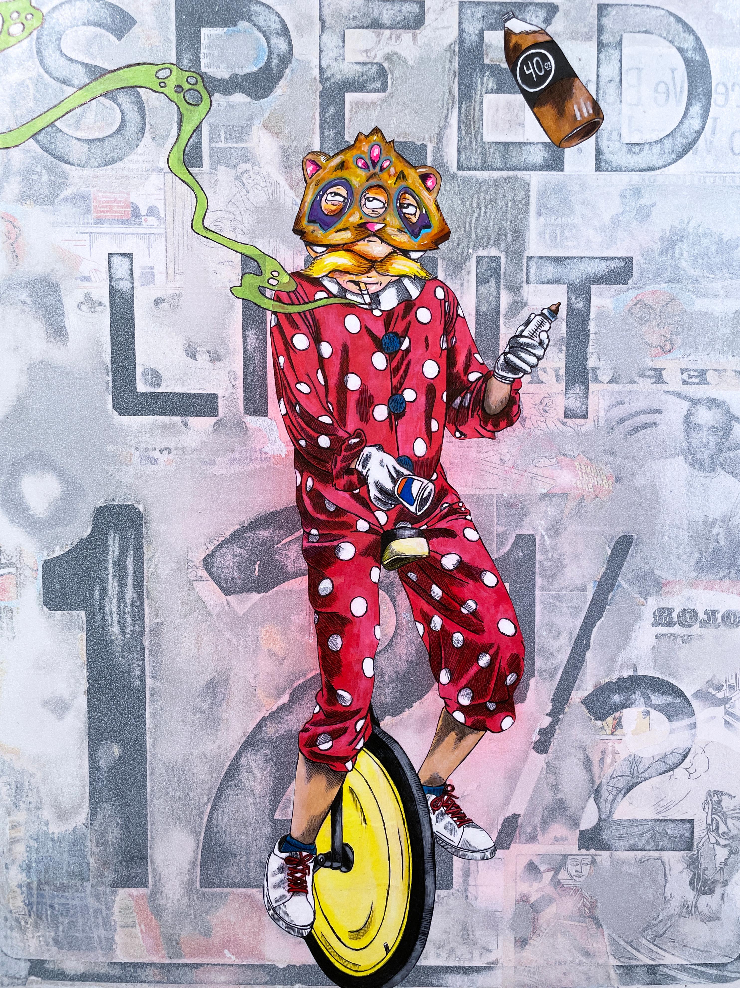 Clowning Around (2023) collaborative piece by east coast street artists Sean 9 Lugo and City Kitty

Ink, acrylic and marker on paper and mixed media on reclaimed vintage metal 