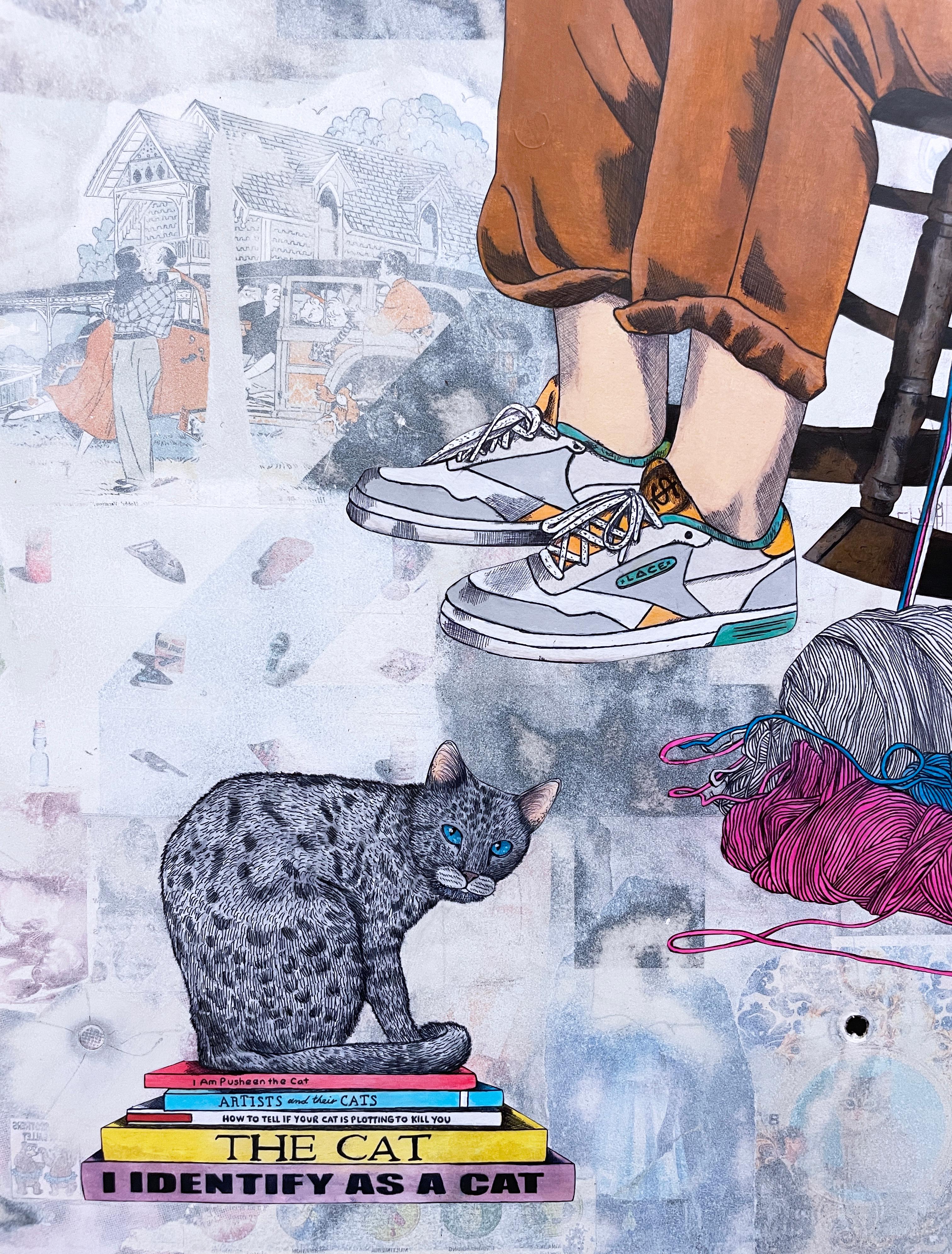 I Identify As A Cat, 2023, urban street art graffiti, mixed media on street sign - Gray Figurative Painting by Sean 9 Lugo