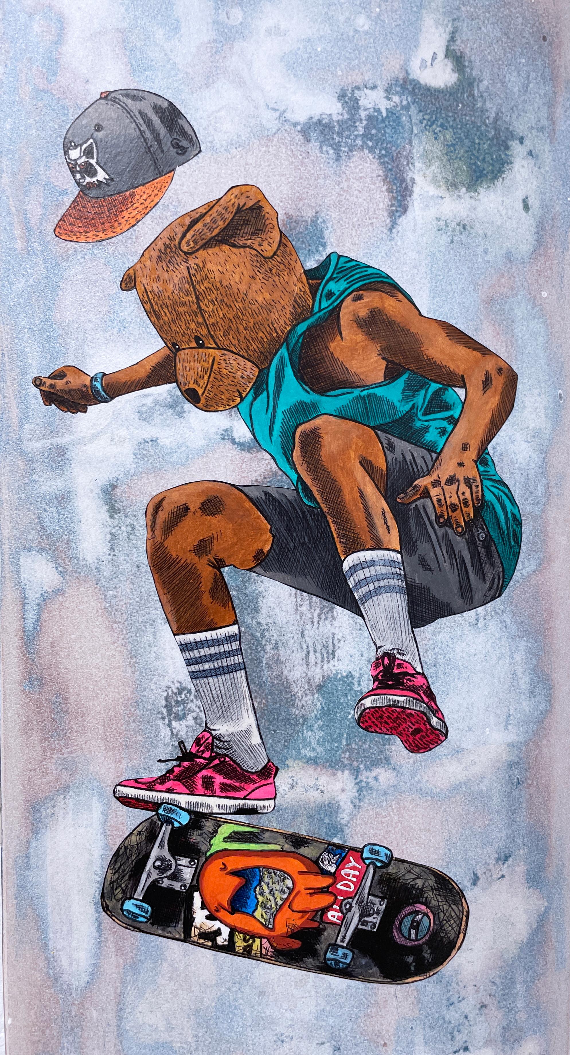 Laser Flip, 2020, graffiti urban mixed media wheatpaste skateboard bear, skater - Street Art Painting by Sean 9 Lugo