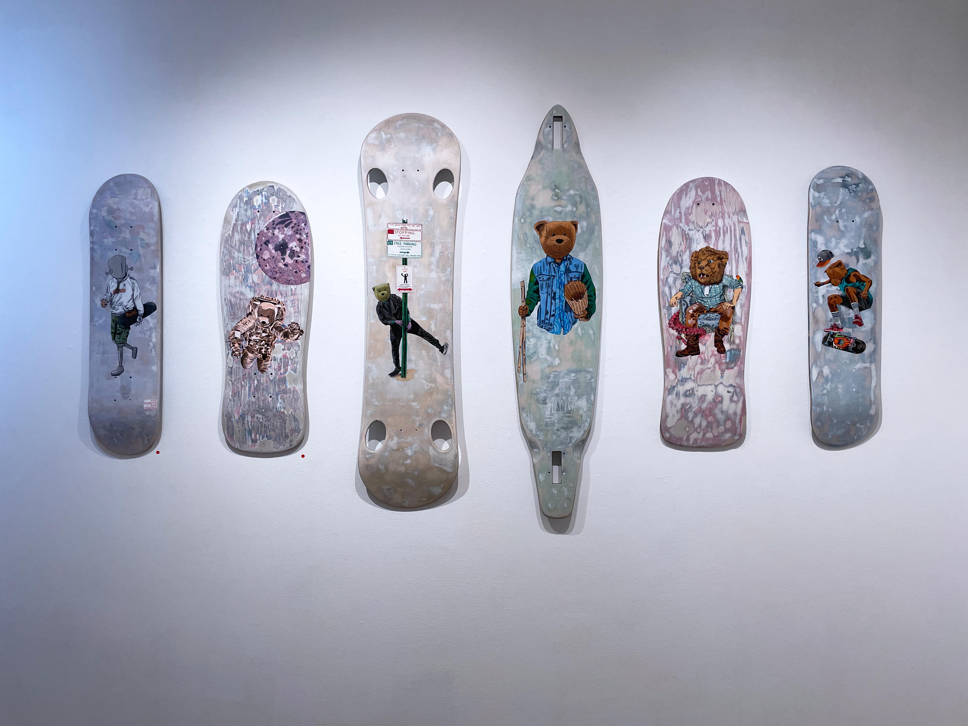 Laser Flip, 2020, graffiti urban mixed media wheatpaste skateboard bear, skater For Sale 1