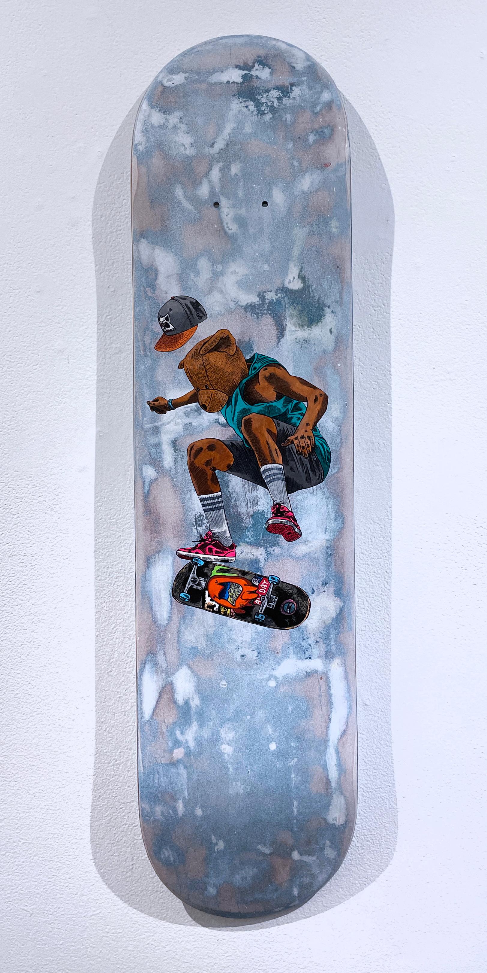 Laser Flip, 2020, graffiti urban mixed media wheatpaste skateboard bear, skater - Painting by Sean 9 Lugo