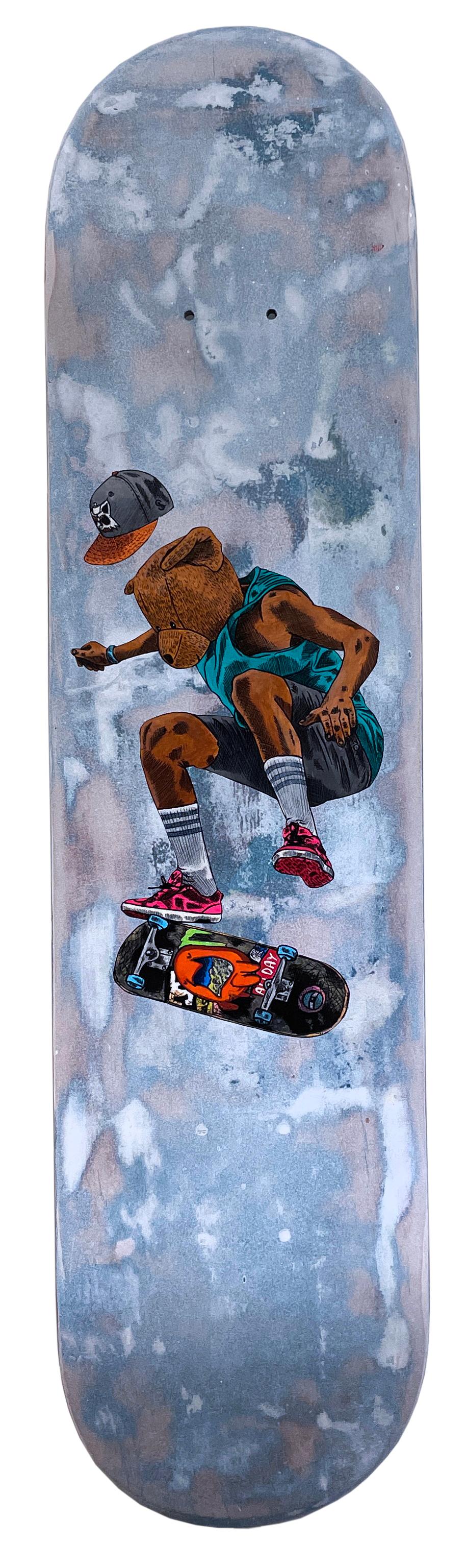 Sean 9 Lugo Figurative Painting - Laser Flip, 2020, graffiti urban mixed media wheatpaste skateboard bear, skater