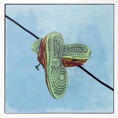 "Me Myself And I" Natura morta di scarpe appese a un cavo elettrico