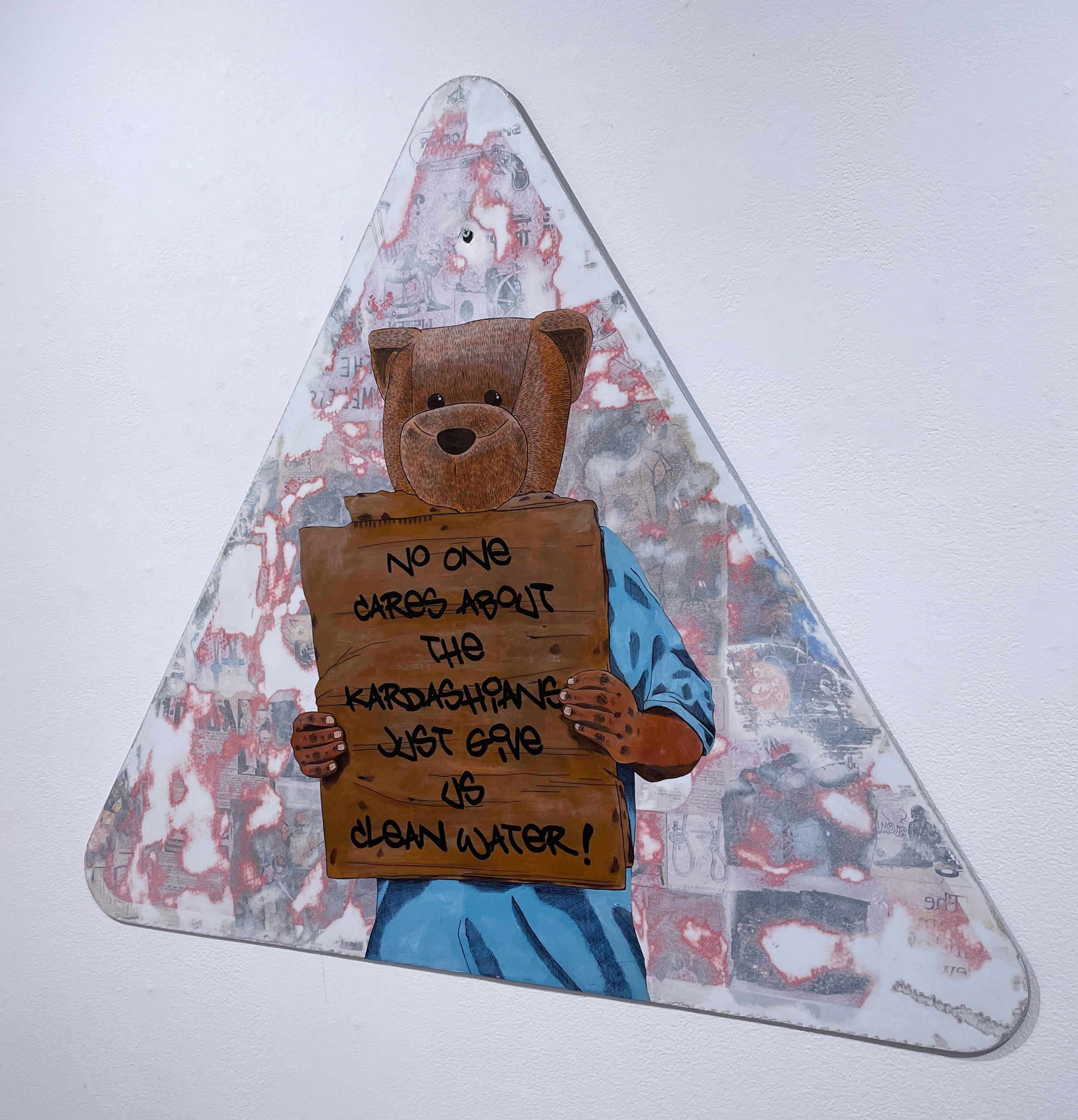 No One Cares, 2022, graffiti, urban street art, wheatpaste bear on street sign - Gray Figurative Painting by Sean 9 Lugo