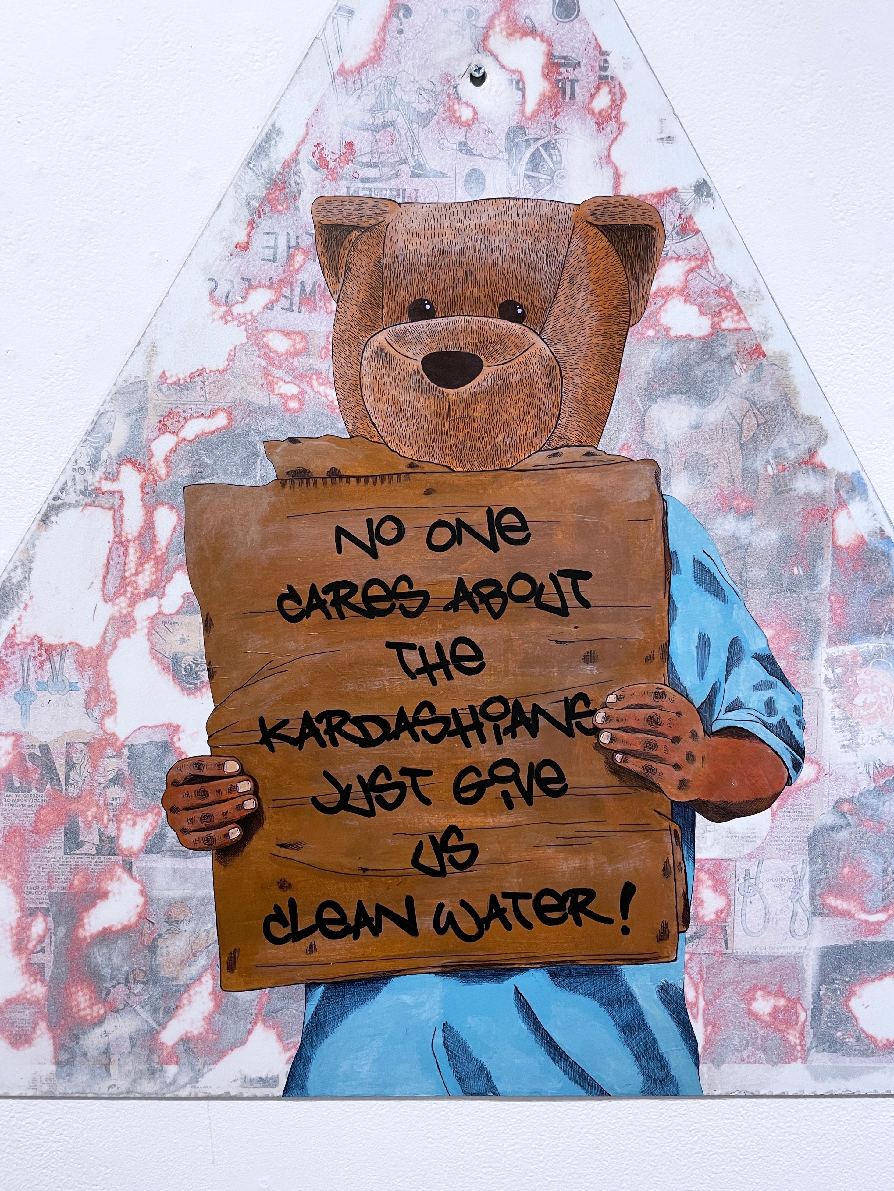 No One Cares (2022) by east coast wheatpaste and street artist Sean 9 Lugo

Ink, acrylic and marker on paper and mixed media on reclaimed metal triangle shaped street sign depicting portrait of a man holding a sign with Sean 9 Lugo's signature teddy