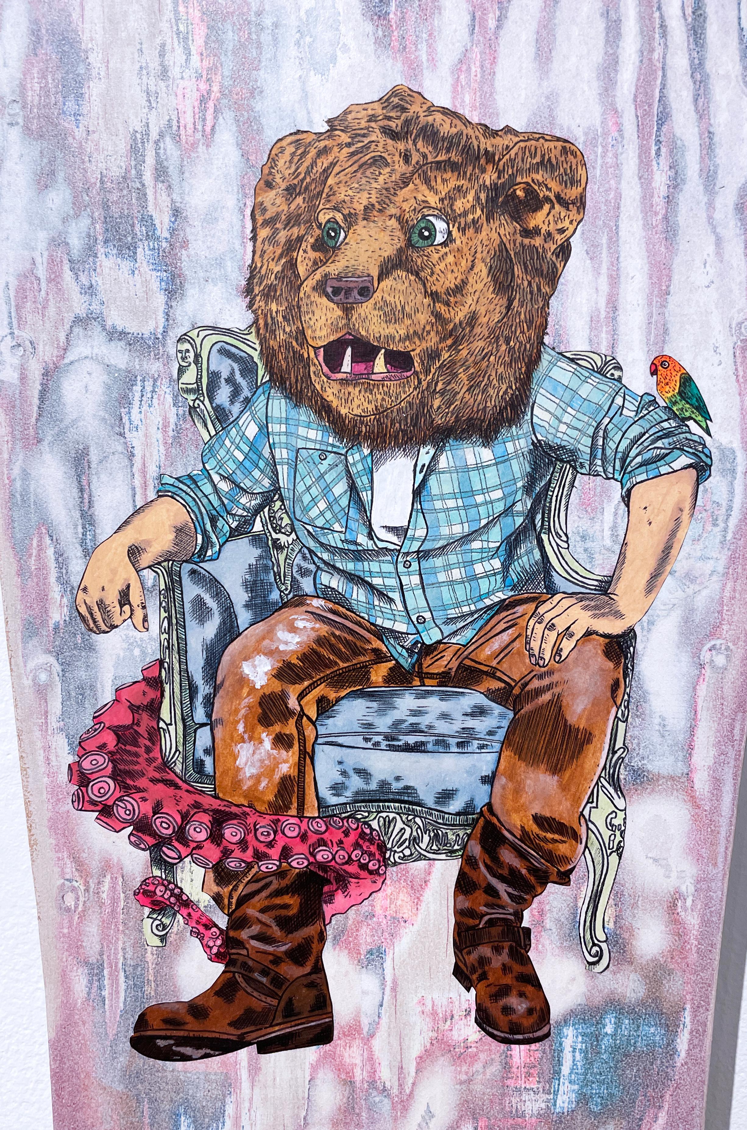 Octavius, 2020, graffiti urban street art mixed media lion wheatpaste skateboard - Brown Figurative Painting by Sean 9 Lugo