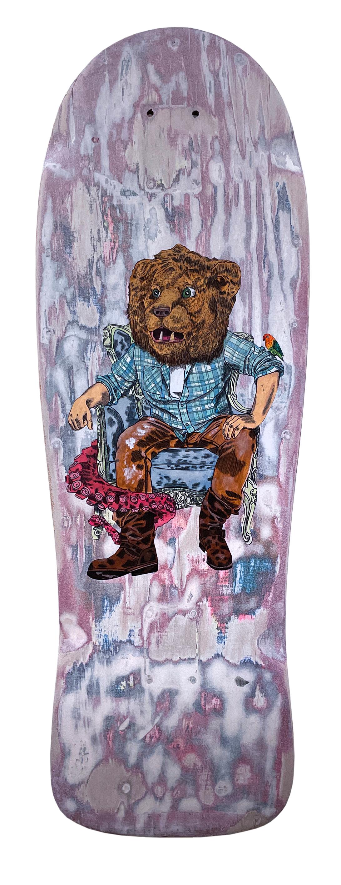Sean 9 Lugo Figurative Painting - Octavius, 2020, graffiti urban street art mixed media lion wheatpaste skateboard