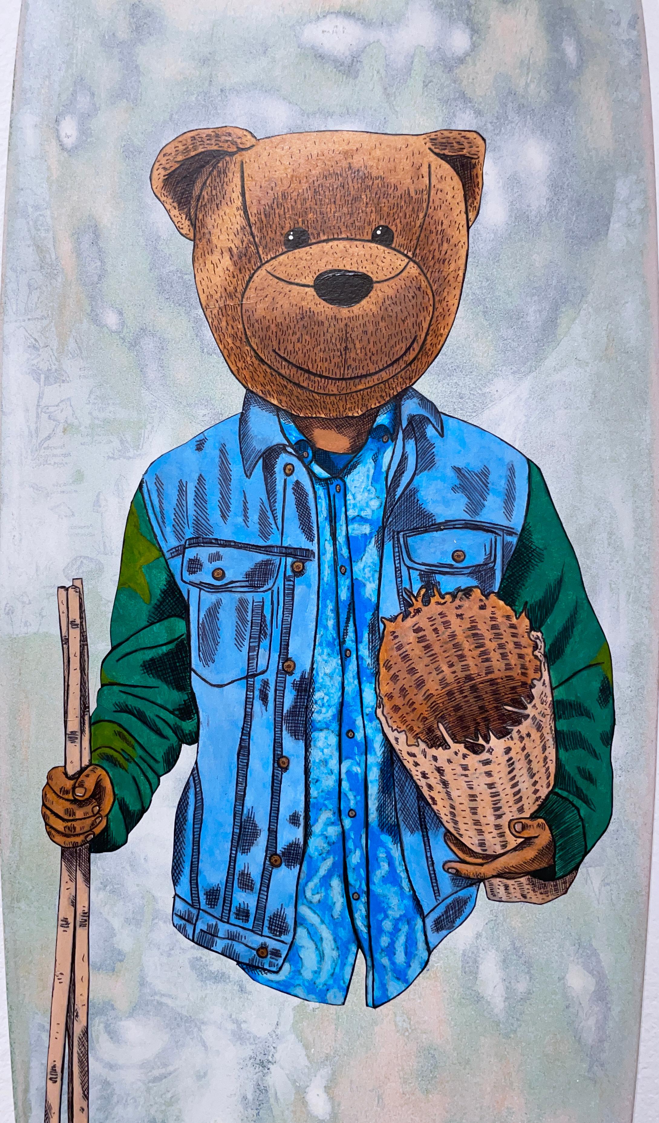 Santo, 2021, graffiti urban mixed media wheatpaste long board skateboard, bear - Brown Figurative Painting by Sean 9 Lugo