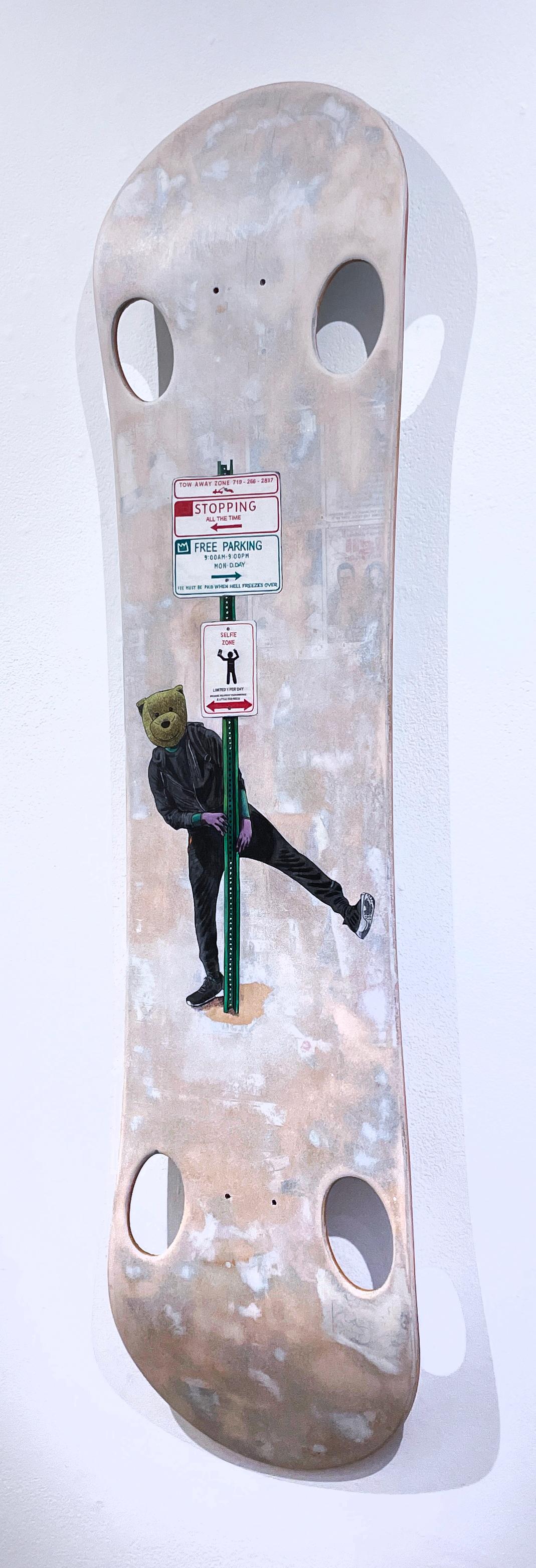 Selfie Zone, 2020, graffiti urban art mixed media wheatpaste skateboard, bear - Brown Figurative Painting by Sean 9 Lugo