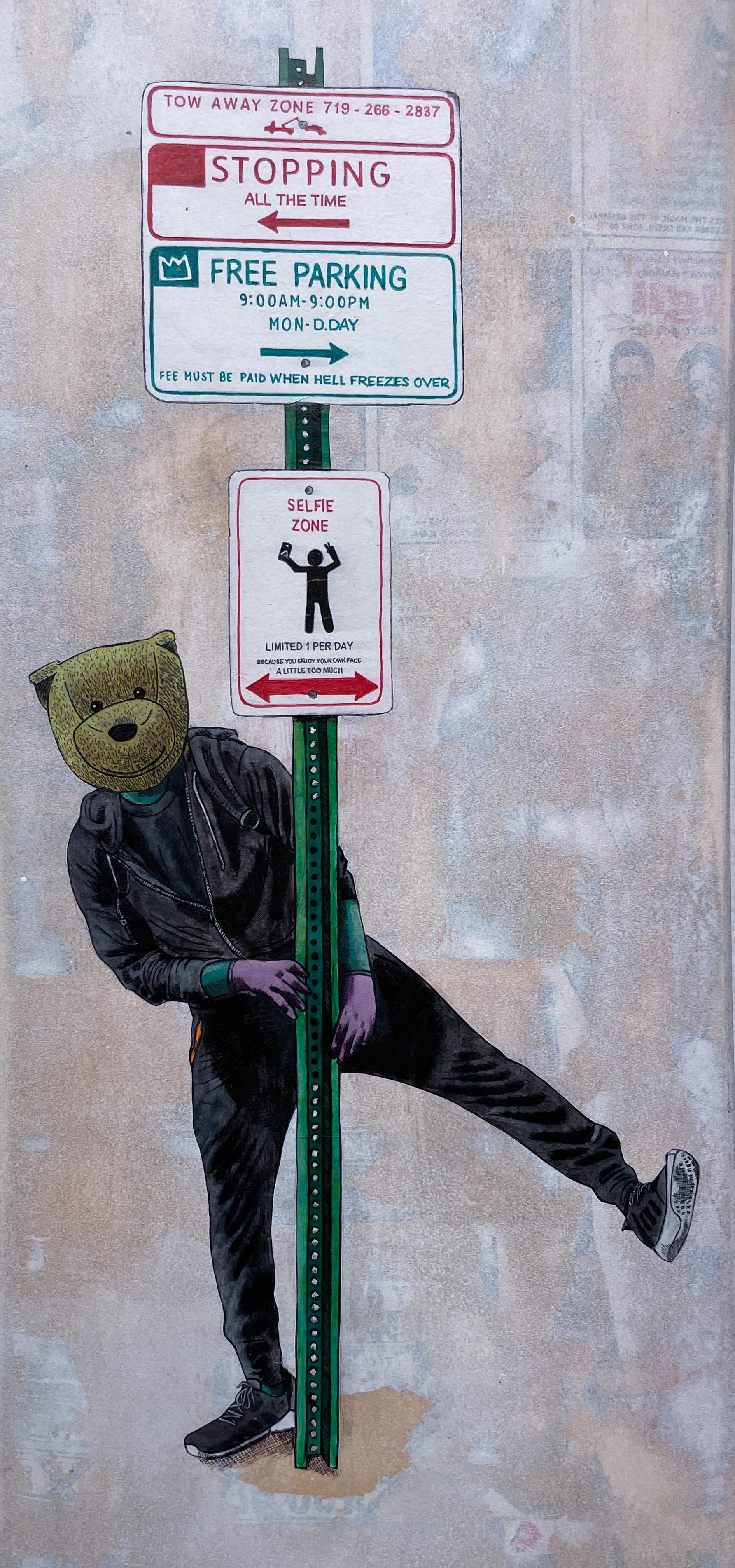 Selfie Zone, 2020, graffiti urban art mixed media wheatpaste skateboard, bear 1