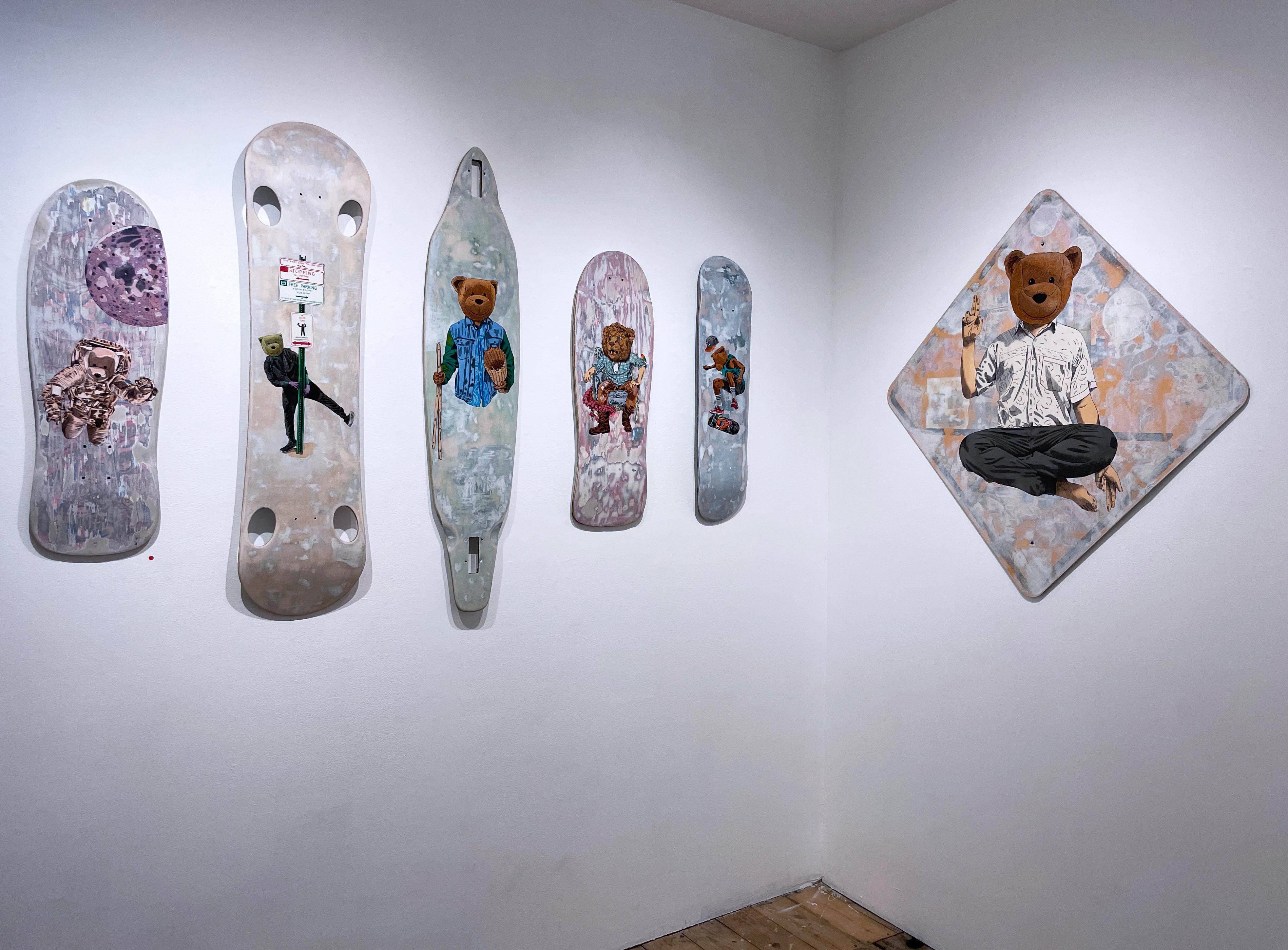 Selfie Zone, 2020, graffiti urban art mixed media wheatpaste skateboard, bear 3