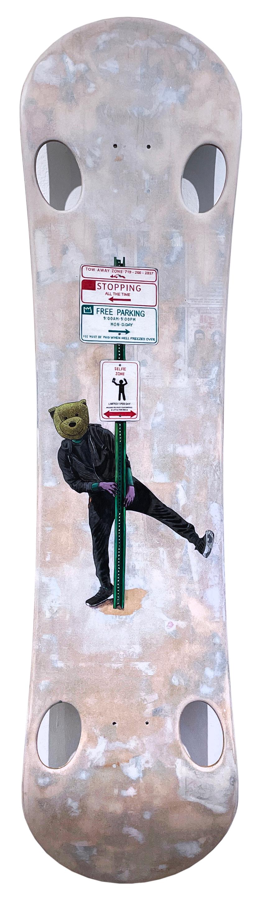 Sean 9 Lugo Figurative Painting - Selfie Zone, 2020, graffiti urban art mixed media wheatpaste skateboard, bear