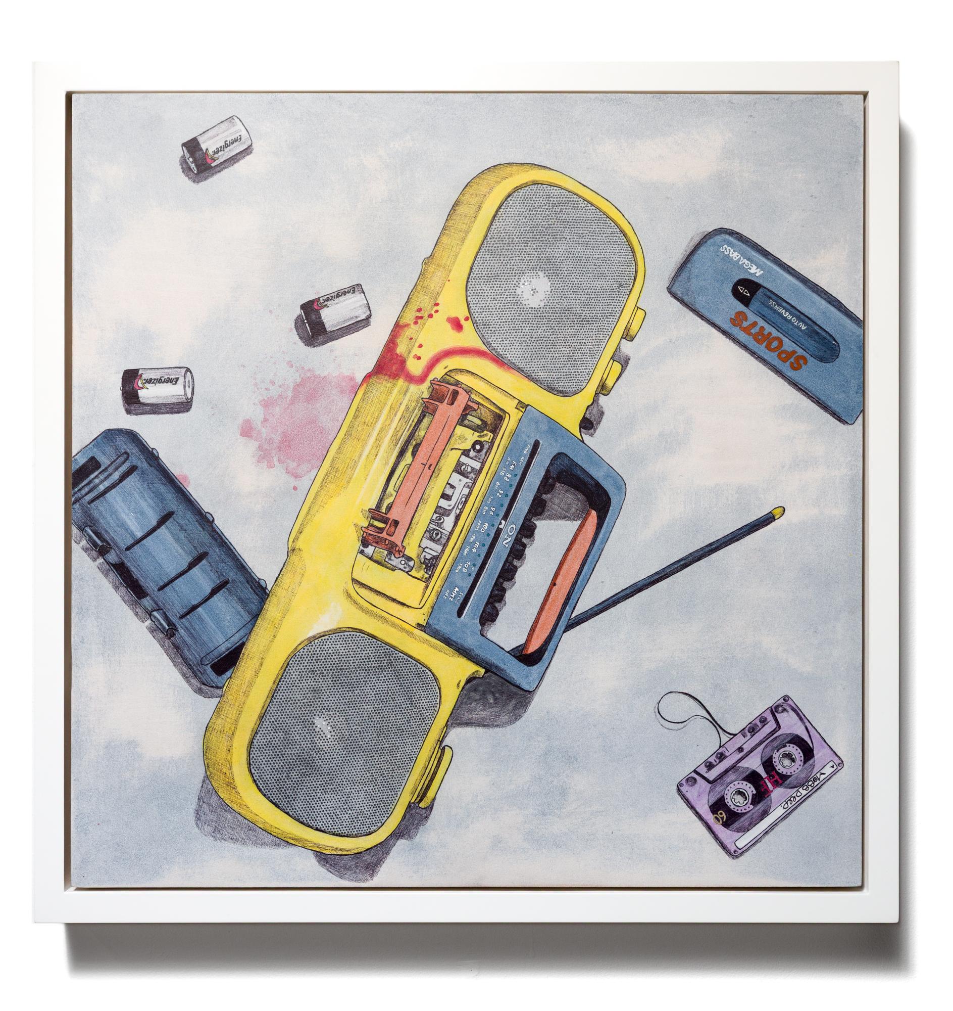 Sean 9 Lugo Still-Life Painting – "Survival of the Fittest" Classic Boombox with Music Cassette in Acrylic and Ink