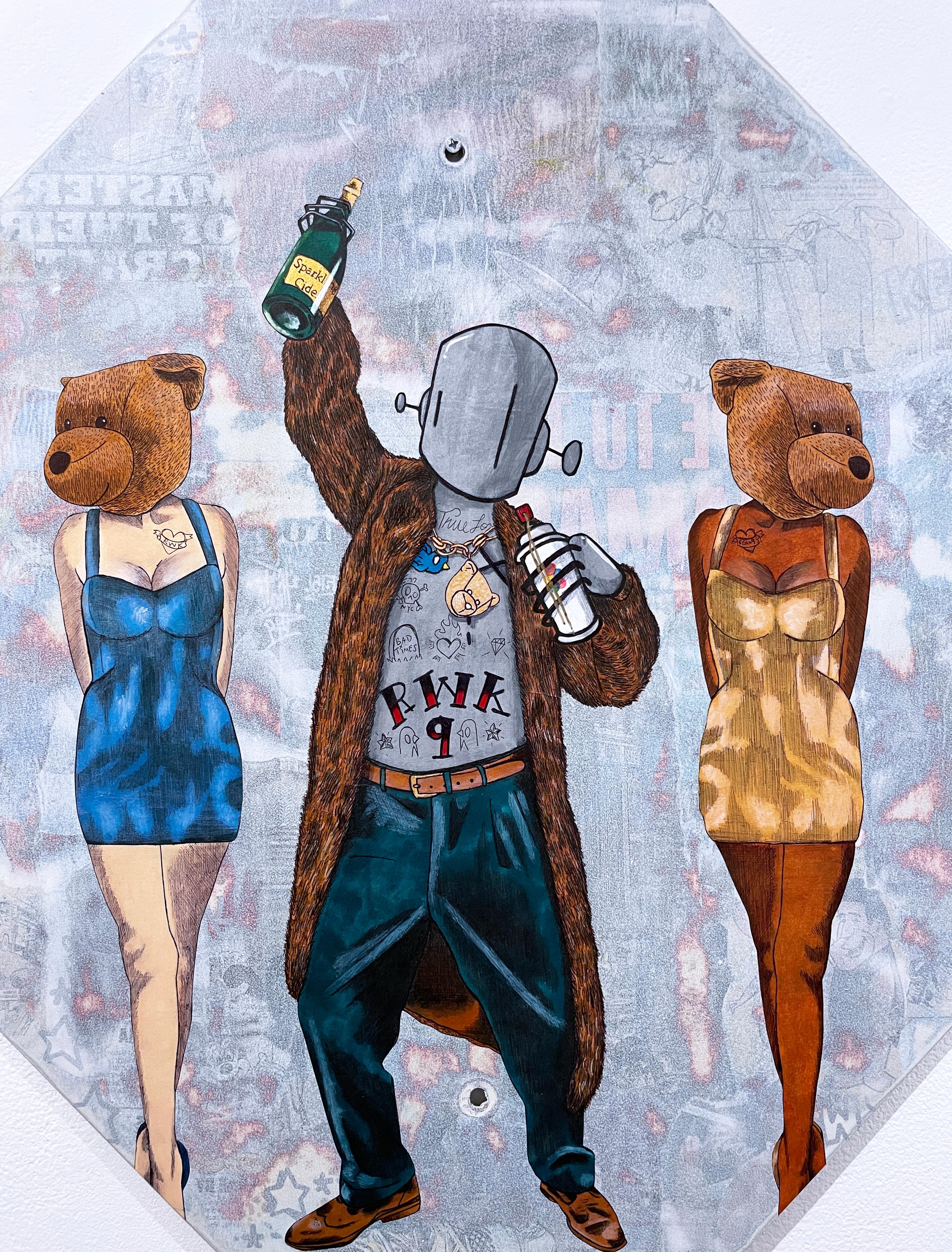 Triumph, 2023, graffiti, urban street mixed media street sign S9L & Chris RWK - Gray Animal Painting by Sean 9 Lugo