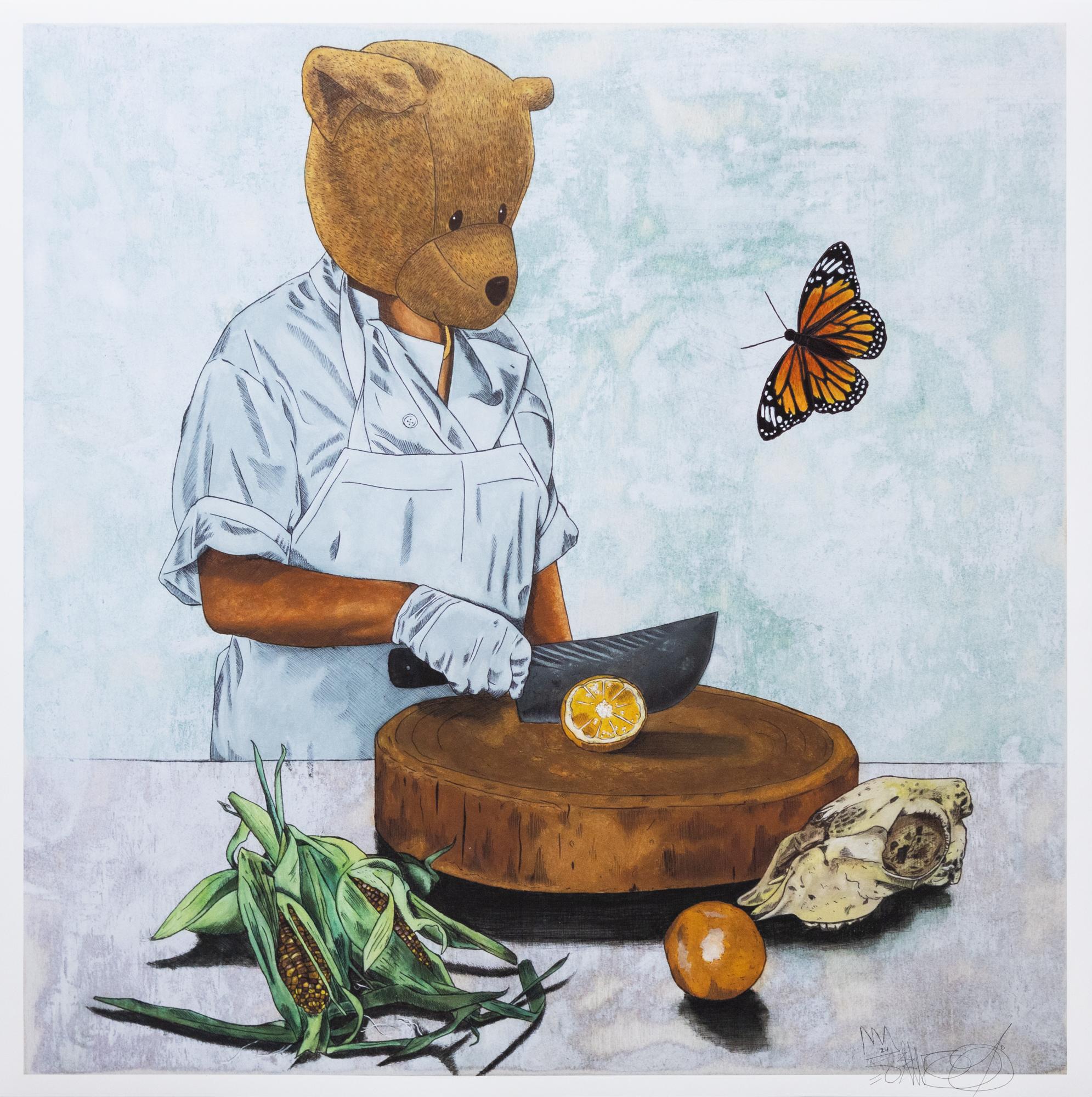 Sean 9 Lugo Figurative Print - "Mariposa II (Hand-Embellished Cristina Print)", Illustration, food, butterfly