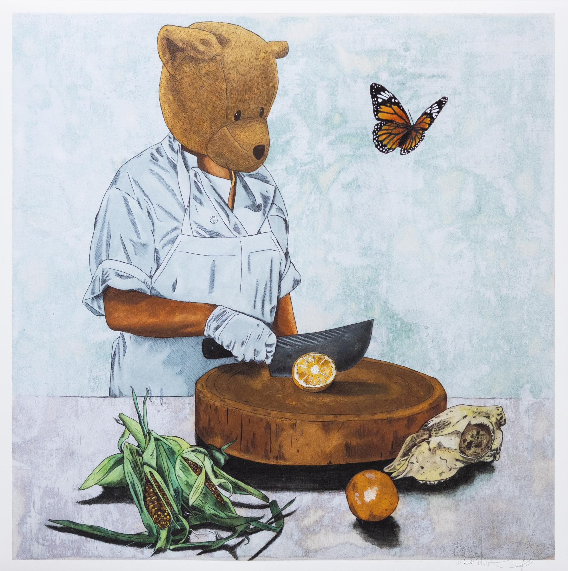 Sean 9 Lugo Figurative Print - "Mariposa IX (Hand-Embellished Cristina Print)", Illustration , butterfly, food