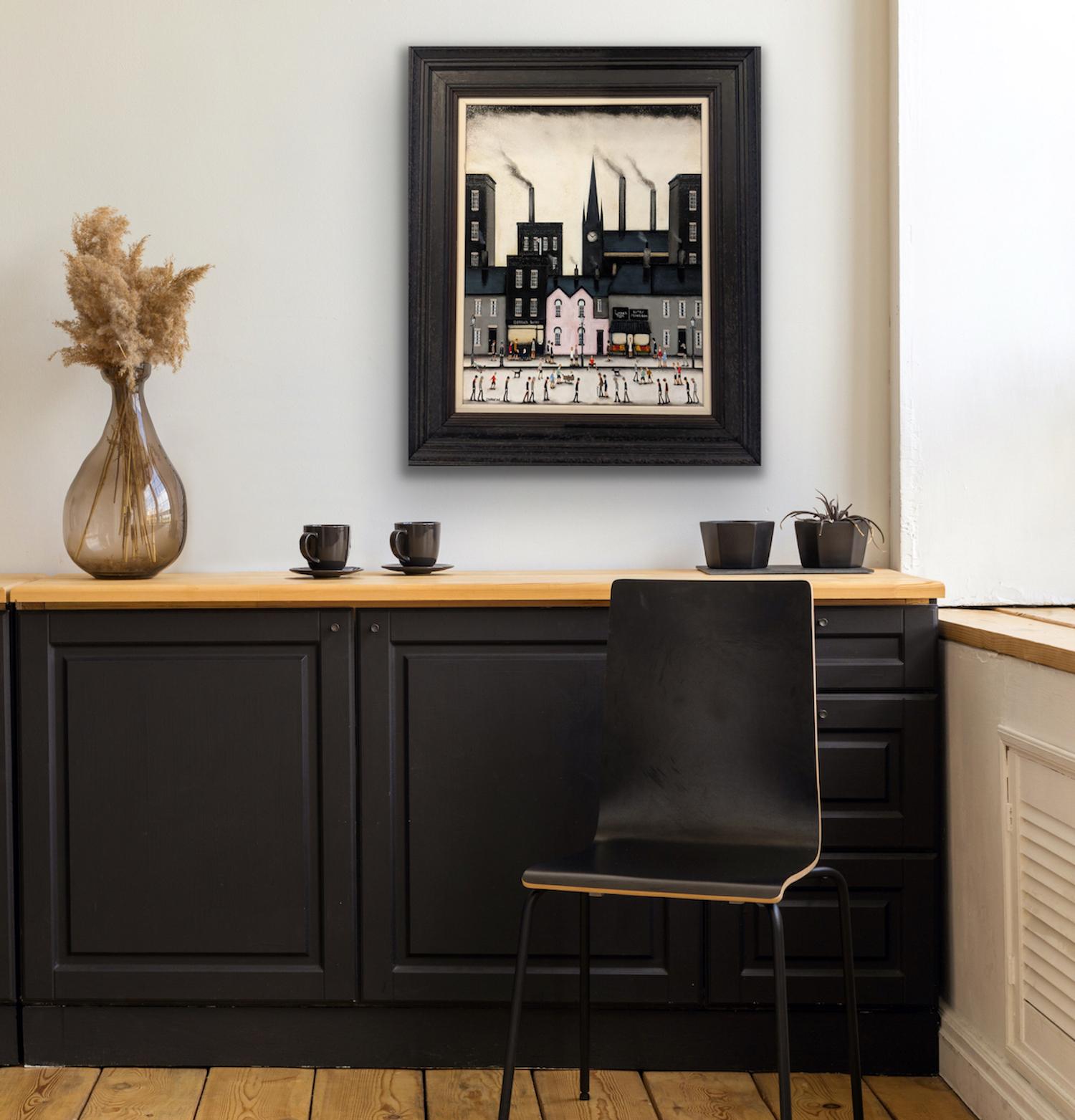 Té en la ciudad de Lyons, Sean Durkin, Pintura original, Arte de paisaje urbano, Inspirado en Lowry - Painting de Sean Durkin 