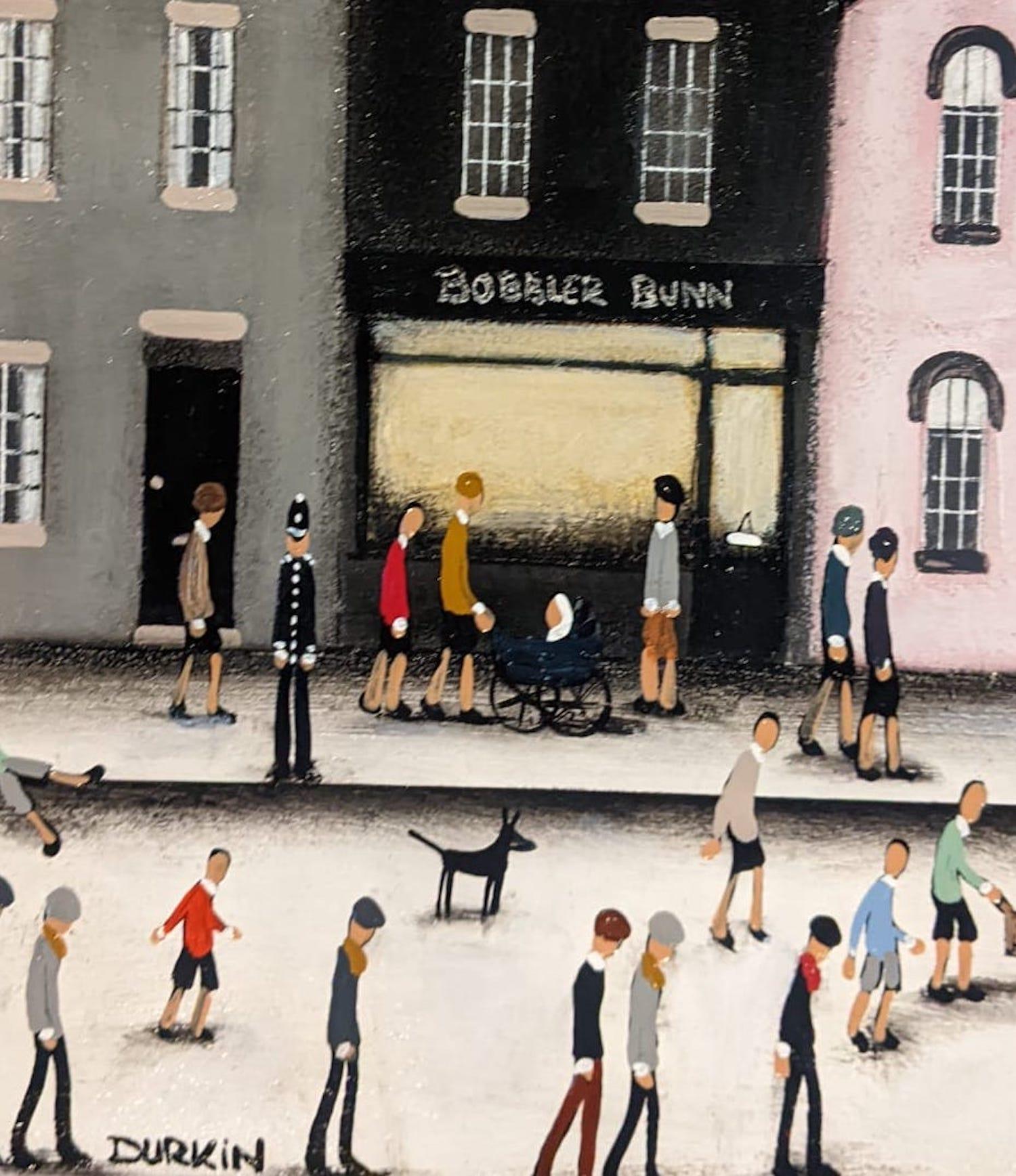 Lyons Tea in Town, Sean Durkin, Original painting, Cityscape art, Lowry inspired For Sale 1