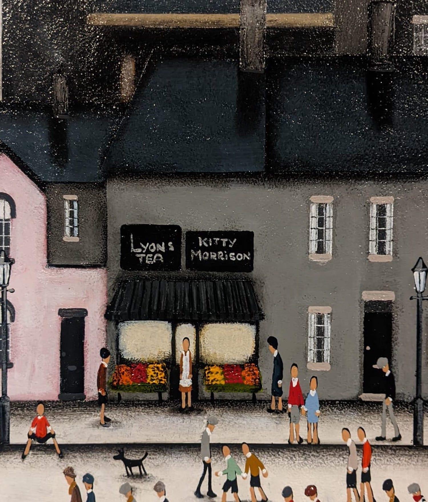 Lyons Tea in Town, Sean Durkin, Original painting, Cityscape art, Lowry inspired For Sale 2