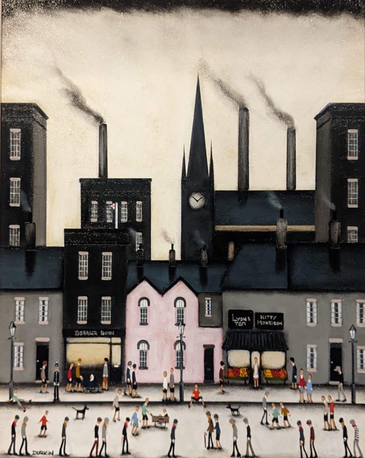 Figurative Painting de Sean Durkin  - Té en la ciudad de Lyons, Sean Durkin, Pintura original, Arte de paisaje urbano, Inspirado en Lowry