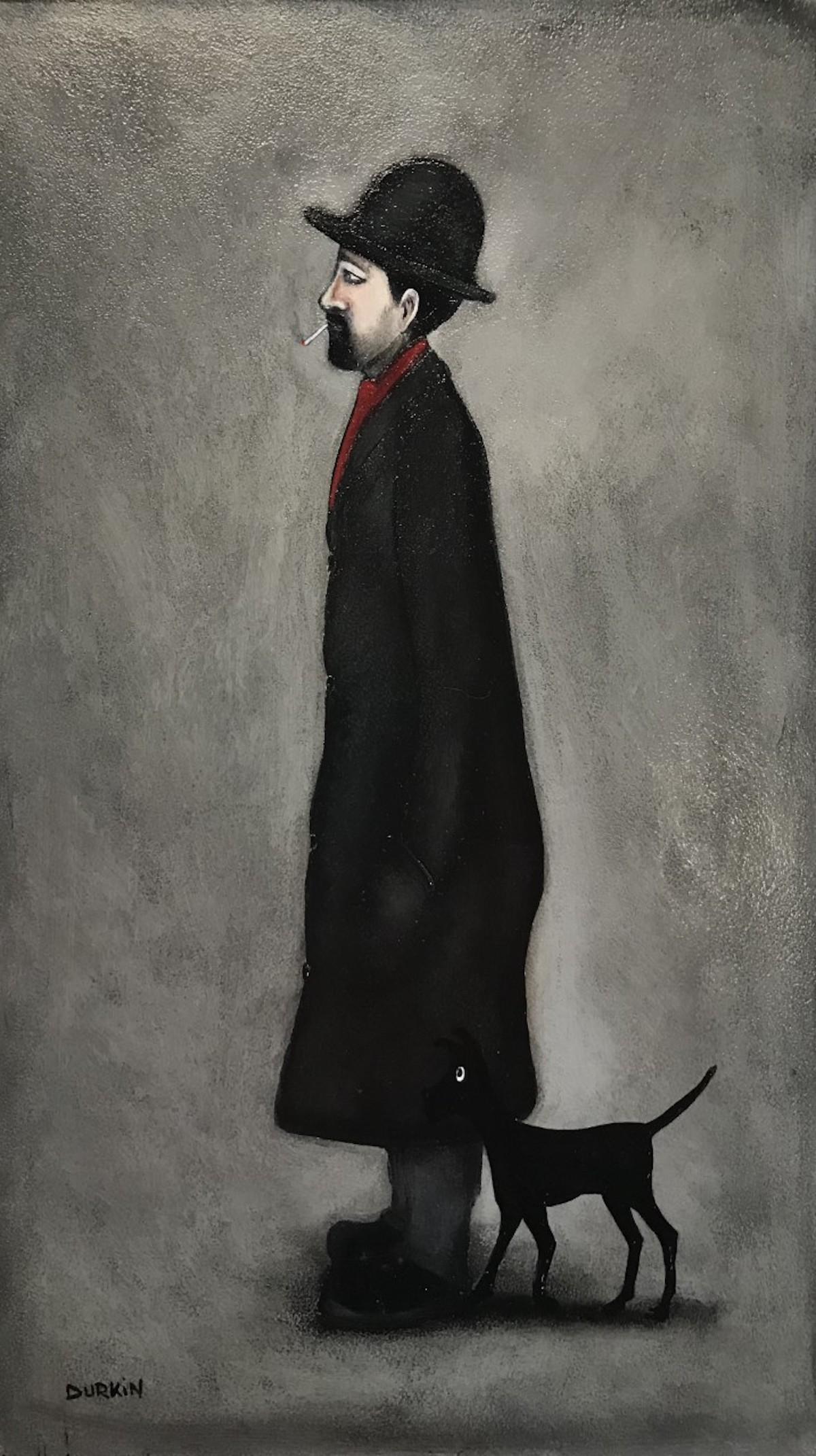 Sean Durkin  Portrait Painting - The man with the red scarf and dog by Sean Durkin, Lowry Inspired, Folk Art