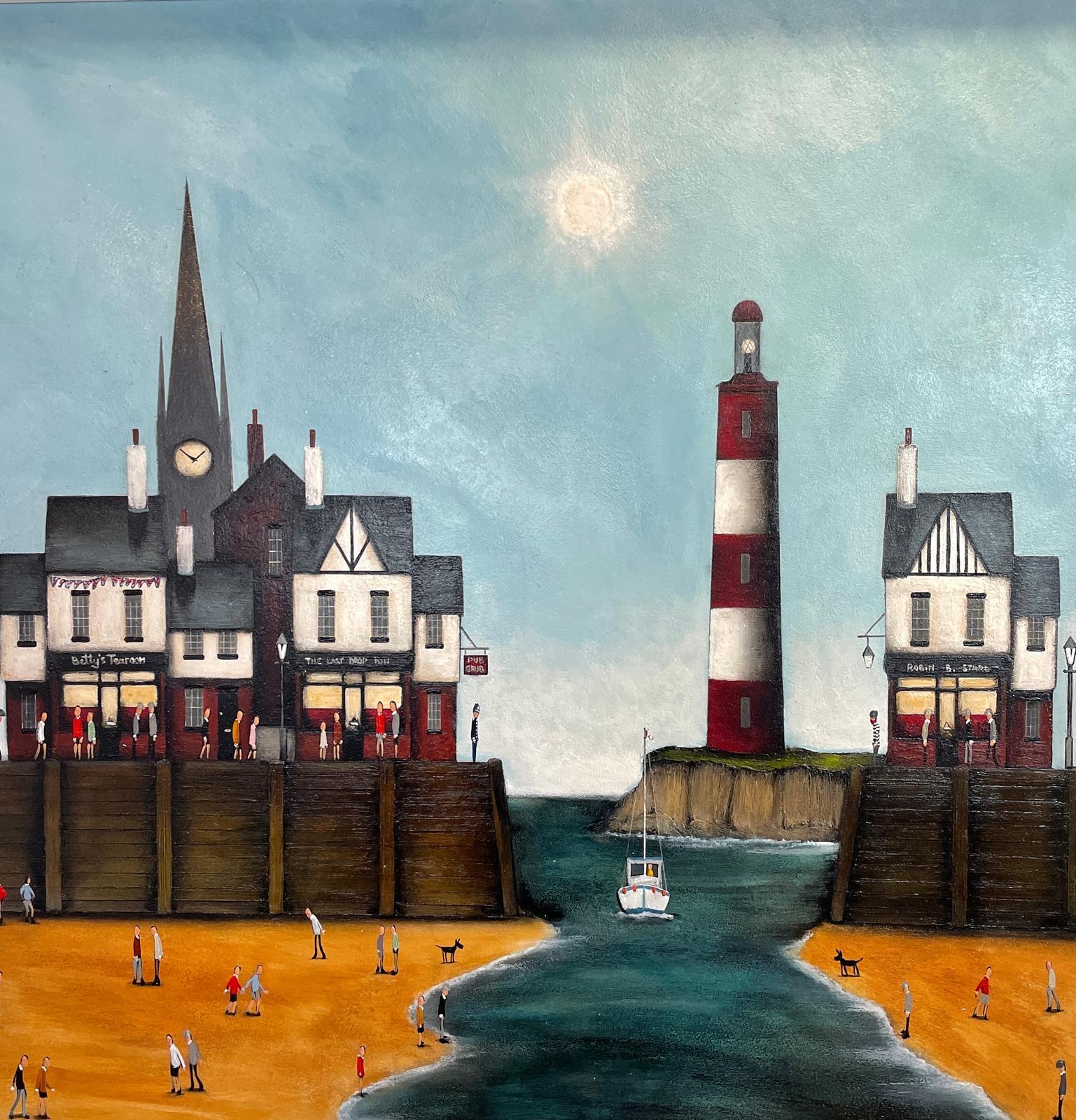 Betty's tearoom, original painting, Seascape, Town, People, Lighthouse - Painting by Sean Durkin