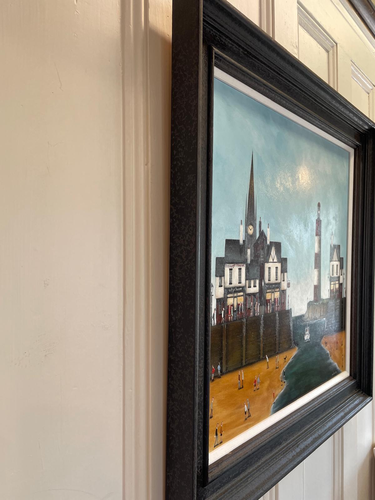Betty's tearoom, original painting, Seascape, Town, People, Lighthouse - Contemporary Painting by Sean Durkin